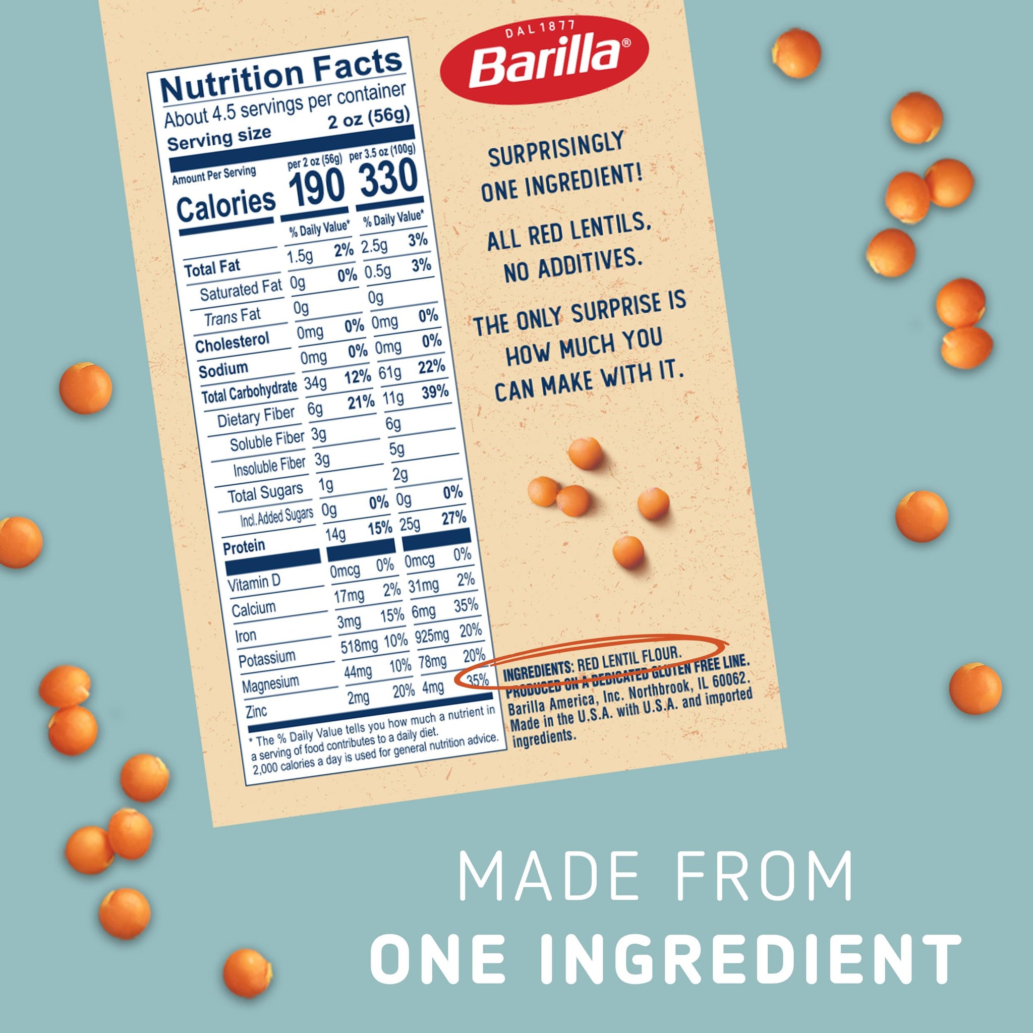 Barilla Red Lentil Penne Pasta, 8.8 oz - Vegan, Gluten Free, Non GMO & Kosher - Made with Plant Based Protein