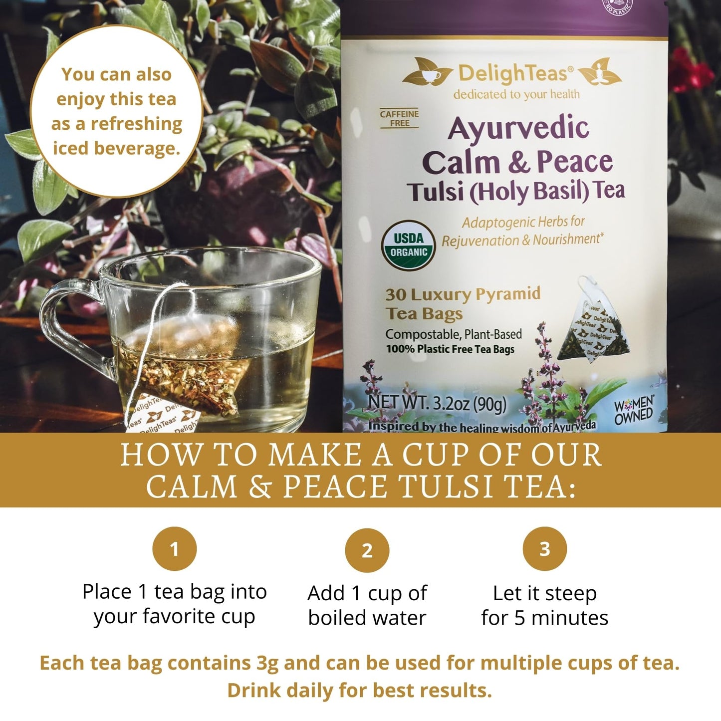 DelighTeas Tulsi Holy Basil Tea | Eco-Conscious Pyramid Tea Bags | Ayurvedic Tulsi, Ashwagandha Adaptogen Blend | USDA Organic, Caffeine Free, Kosher