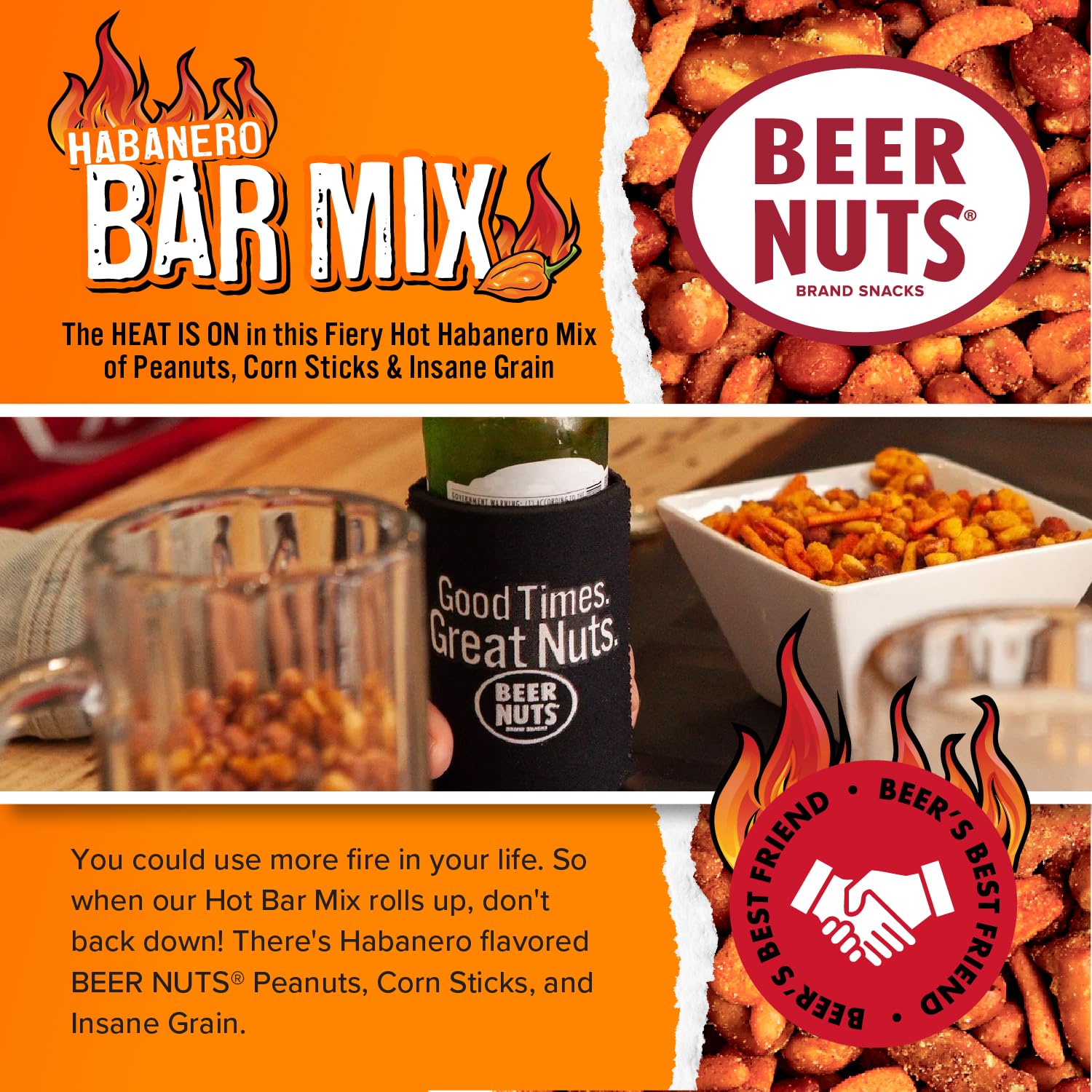 Beer Nuts Habanero Bar Mix, Fiery Hot Habanero Mix Of Peanuts, Corn Sticks & Insane Grain, Spicy Bar Mix for Any Party, Resealable Jar (12oz