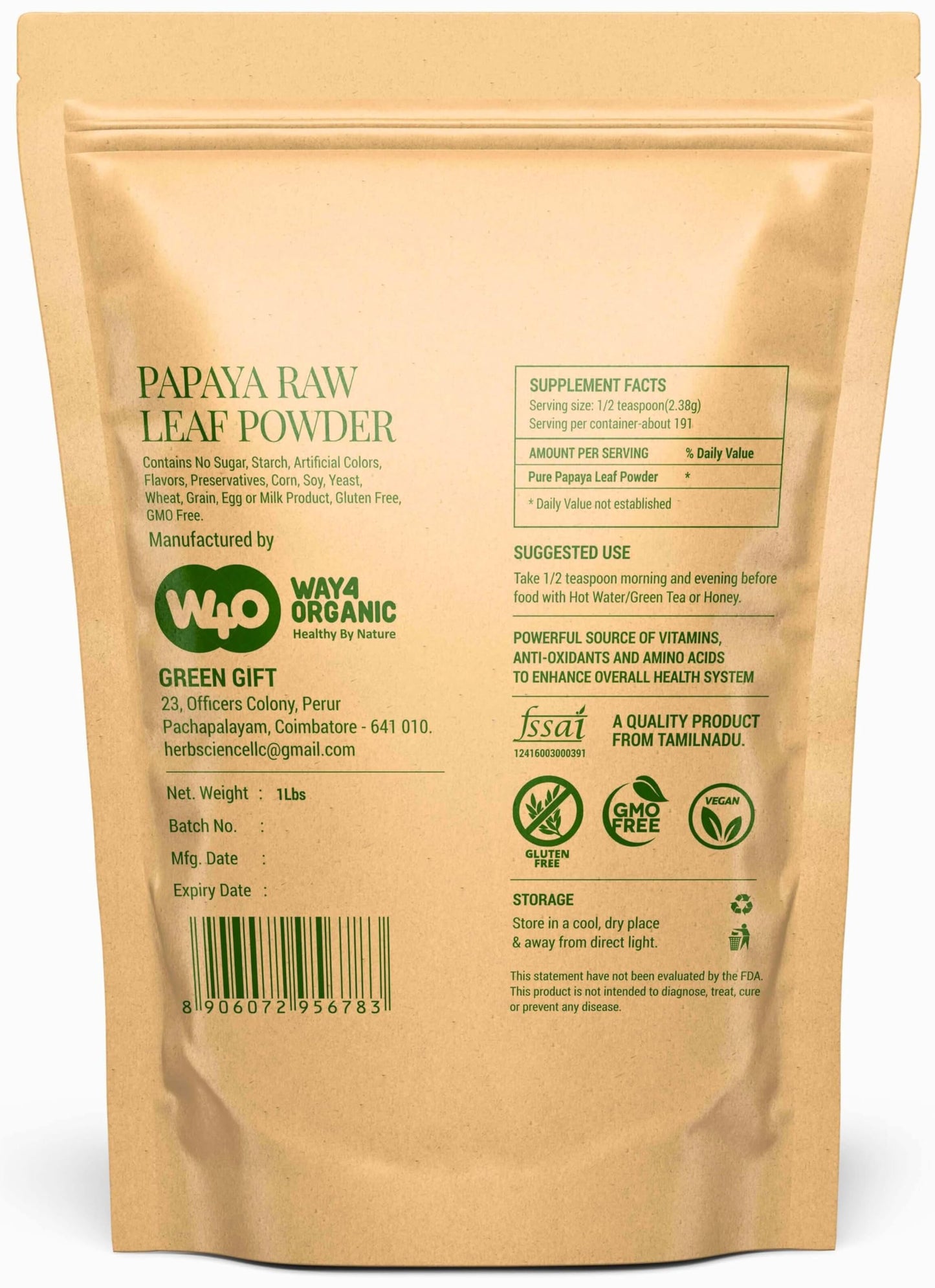 Papaya Leaf Powder 64 Ounces(4 Pounds), Dried from Fresh Green Leaves, Good to Make Tea, Juice Extract (No Fruit, No Seeds) - Way4Organic