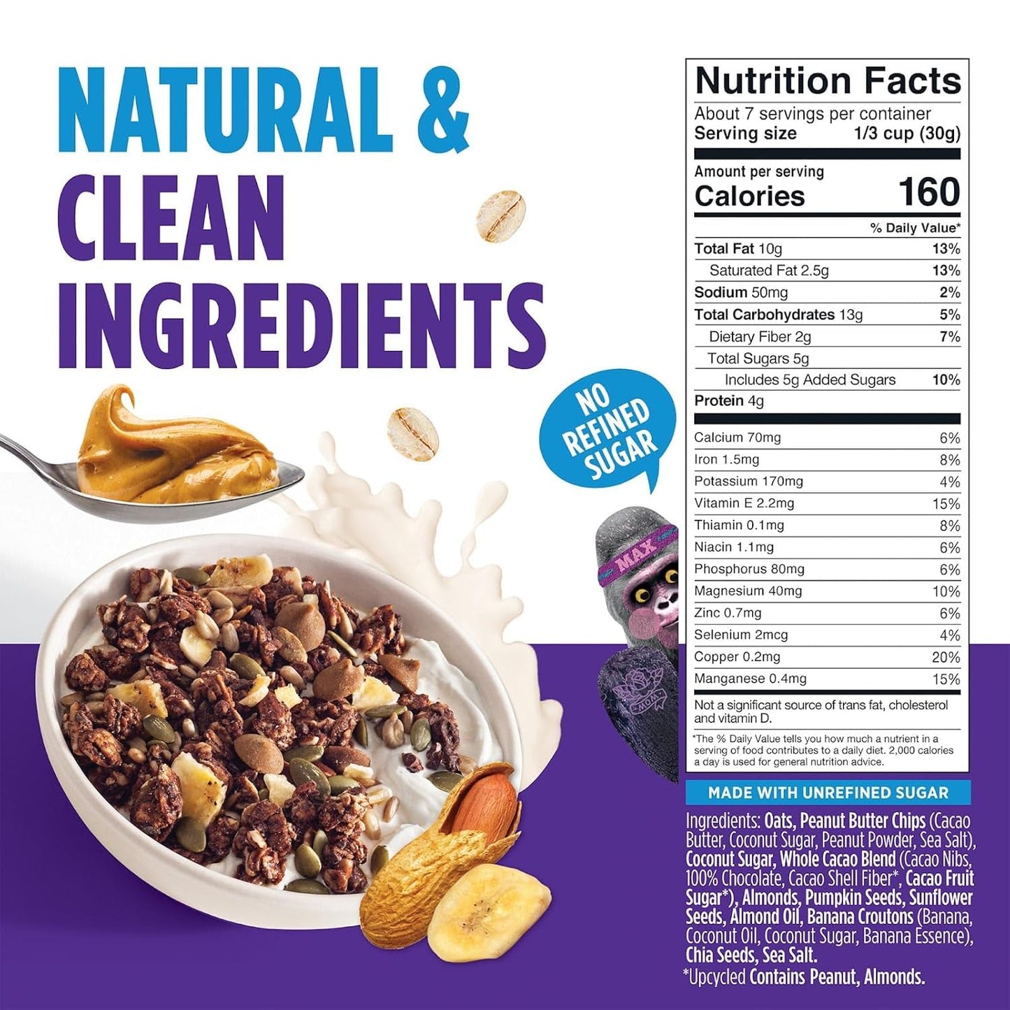 Blue Stripes Whole Cacao Granola - Gluten Free Dark Chocolate Granola for Cereal, Oatmeal, Yogurt, 5g Protein Per Serving, Source of Fiber, Vegan, Low