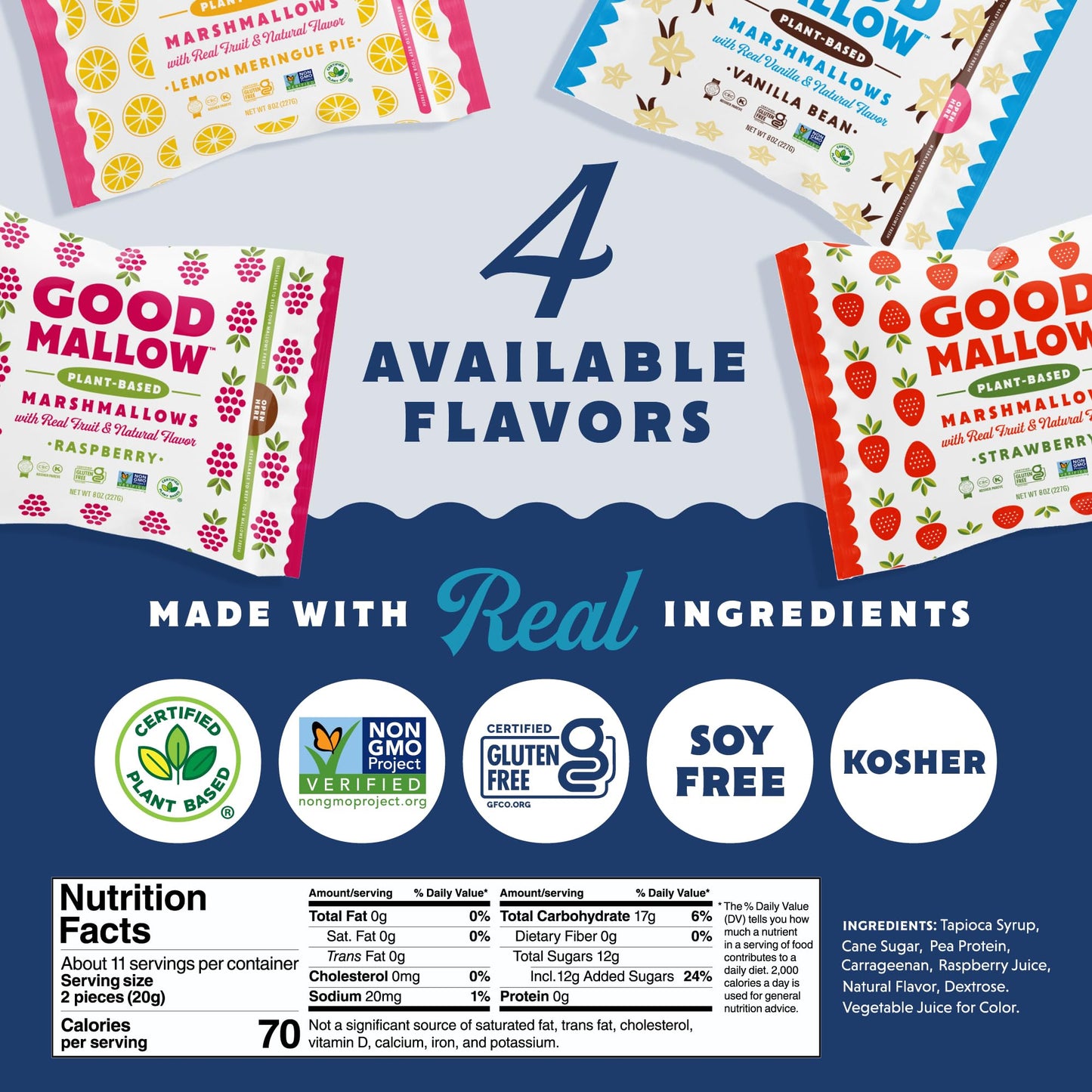 GoodMallow Vegan Marshmallows - Large Kosher Halal Gluten Free Dairy Free Healthy- Natural Gelatin Free Marshmallows for Hot Chocolate, Smores, Baking