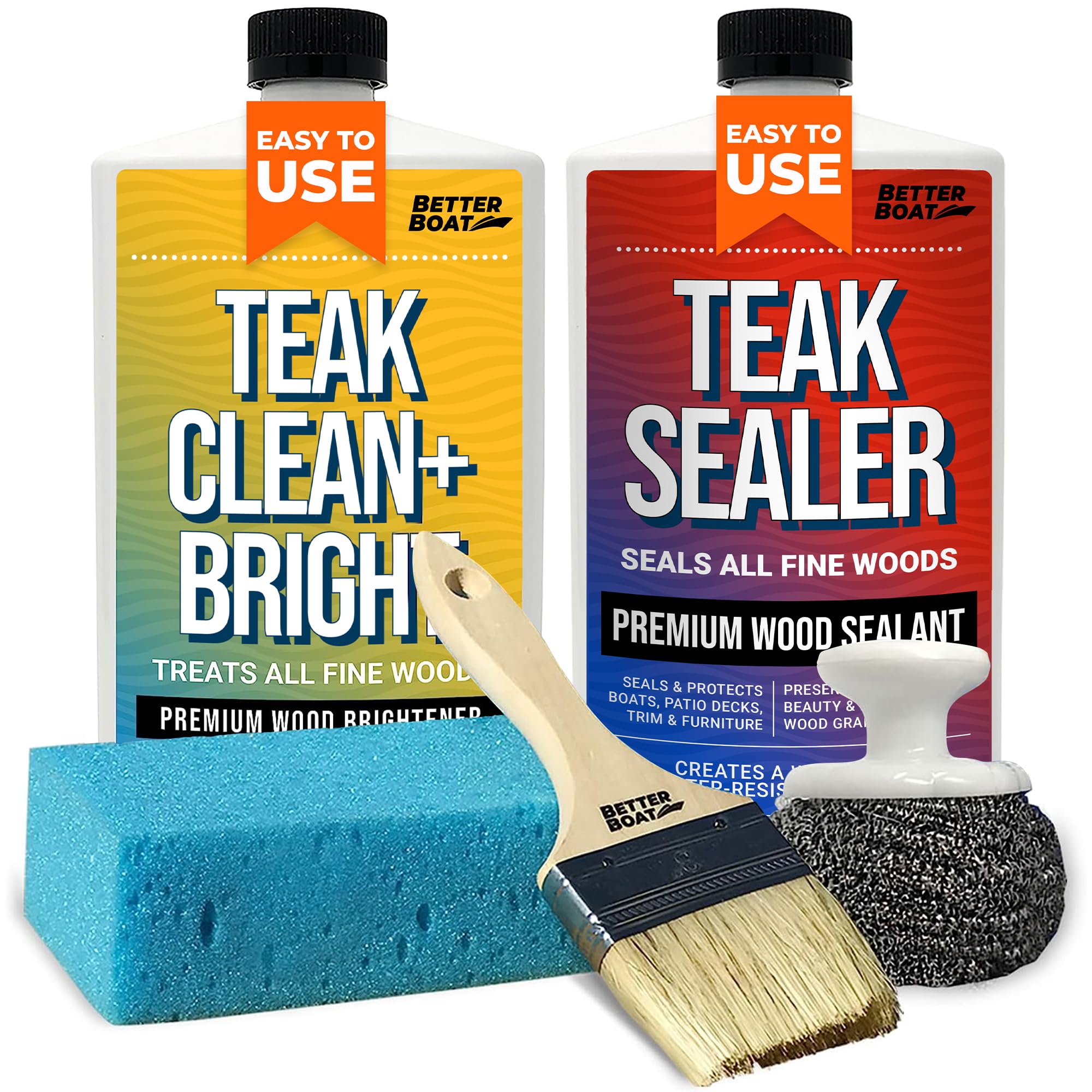 Better Boat Teak Cleaner and Sealer Kit, Includes Brightener, for Wood Restoration, Outdoor Furniture, Boats, Indoor Furniture, Shower Stools, Cleans