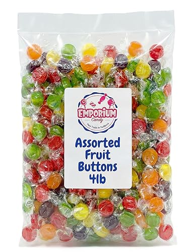 Assorted Fruit Buttons Candy - 4 lb Bulk Bag of Individually Wrapped Cherry Orange Lemon Lime Grape Retro Sweet Treats