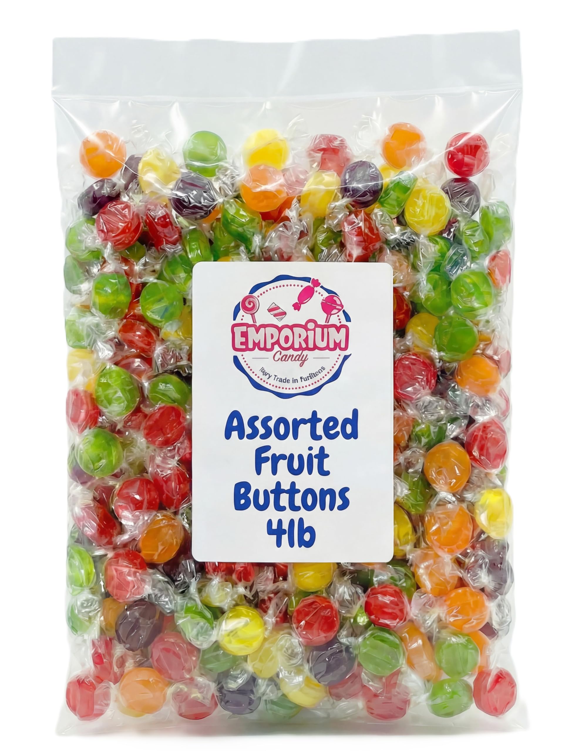 Assorted Fruit Buttons Candy - 4 lb Bulk Bag of Individually Wrapped Cherry Orange Lemon Lime Grape Retro Sweet Treats