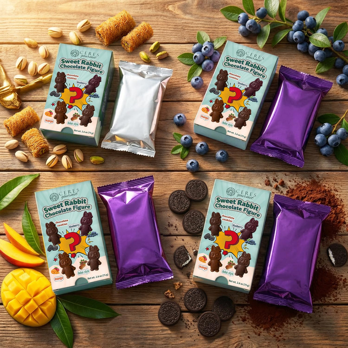 Ceres Gourmet Surprise Dubai Chocolate Bar, 1 pack Mysterious Cookies or Mango or Blueberry or Pistachio Kataifi Flavored Stuffed Sweet Rabbit