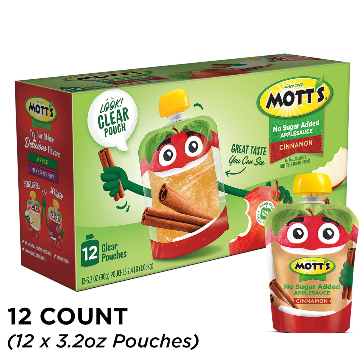 Mott's No Sugar Added Cinnamon Applesauce, 3.2 oz clear pouches, 12 pack