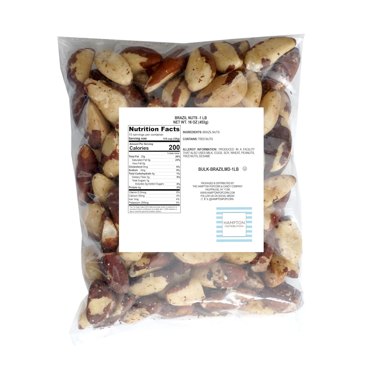 Raw Brazil Nuts, 1 Pound Bag, No Shell, Whole, Hampton Distribution