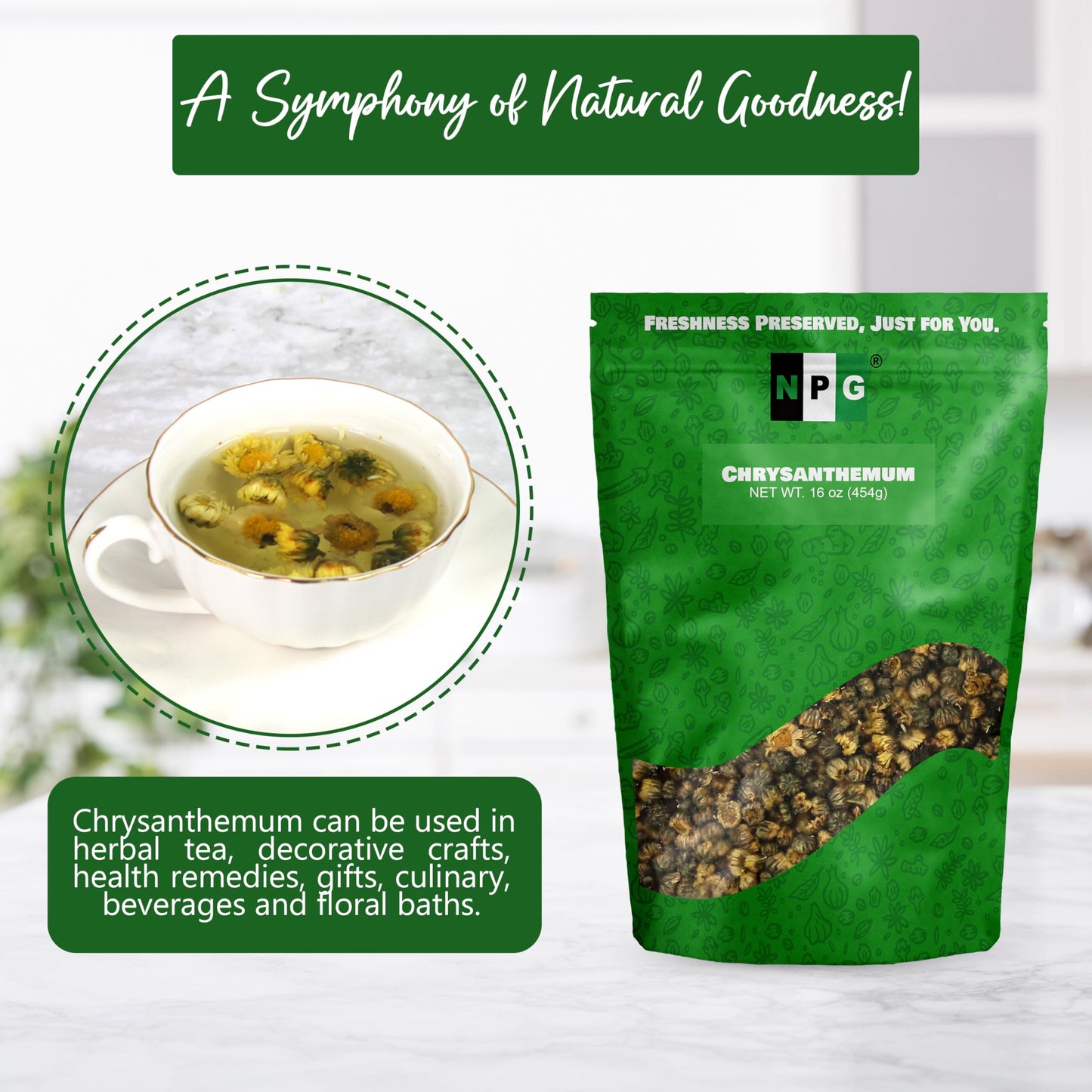 NPG Chrysanthemum Bud Tea 16 Oz, Premium Dried Chinese Tai Ju Flowers, Juhua Herbal Tea, Caffeine-Free, Non-GMO Loose Leaf with Floral Fragrance