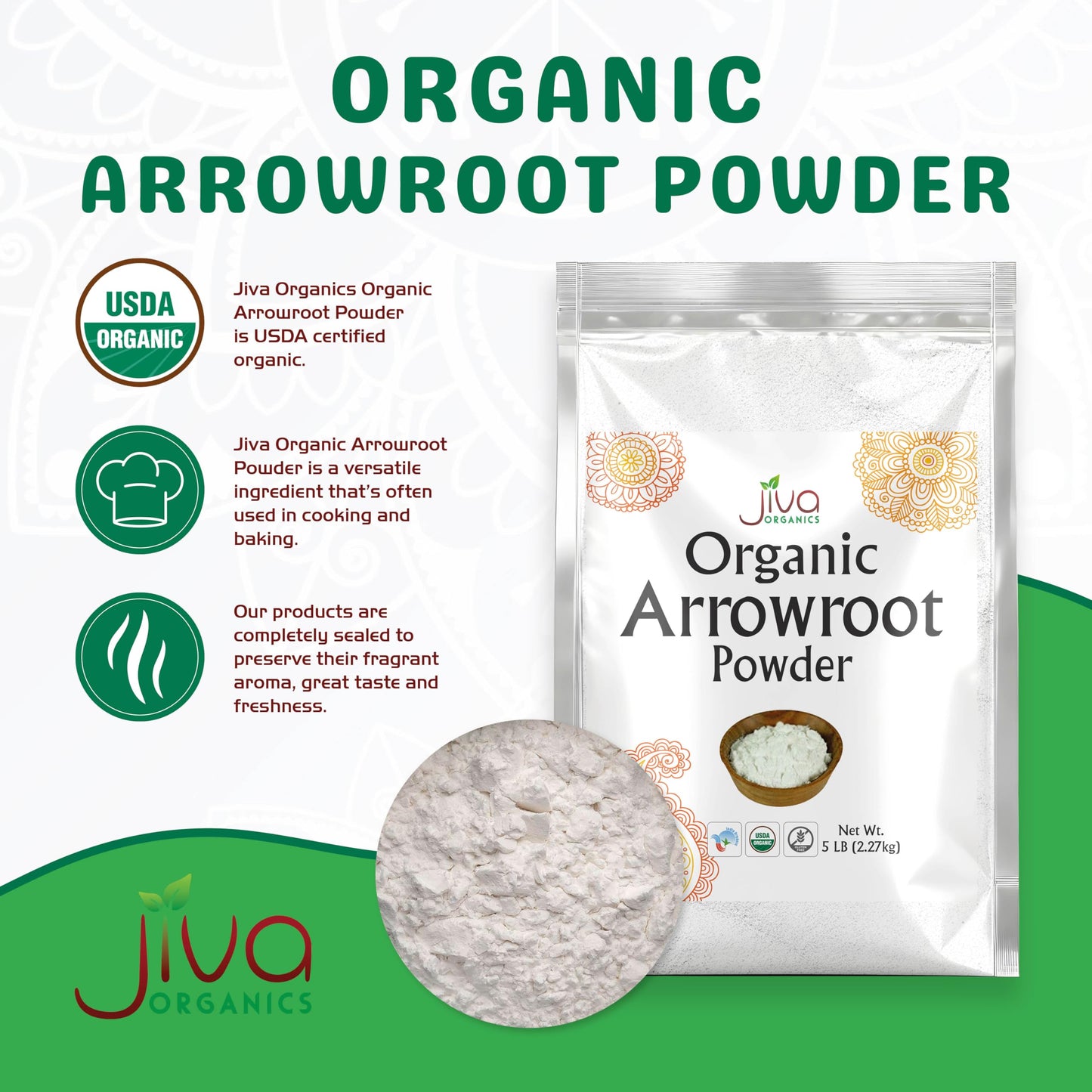 Jiva Organics Organic Arrowroot Flour (Powder) 5 Pound Bag - Raw, Non-GMO, Gluten Free