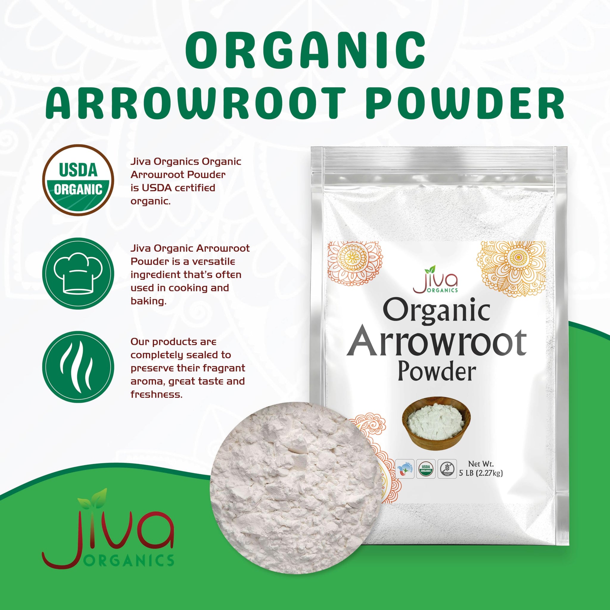 Jiva Organics Organic Arrowroot Flour (Powder) 5 Pound Bag - Raw, Non-GMO, Gluten Free