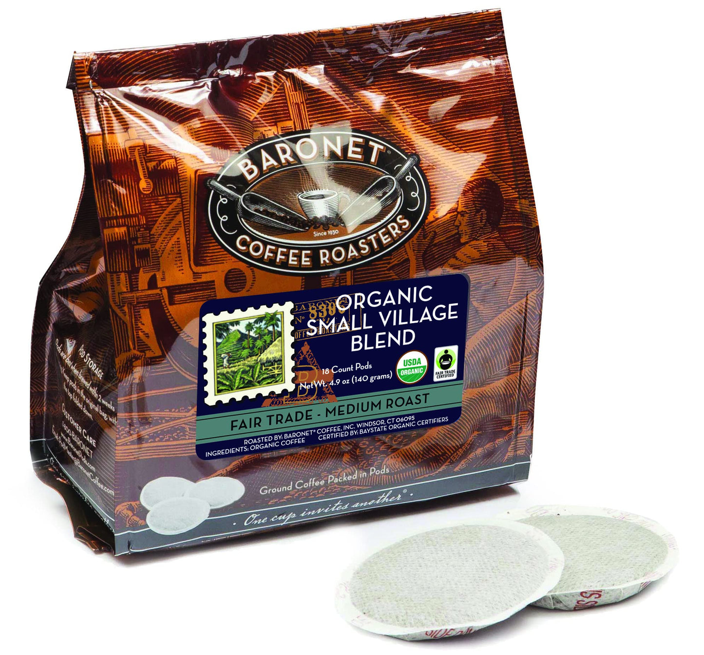 Baronet Coffee Pods [Organic Small Village-54 Pods] Single Cup Use Like Senseo - 3 Bags of 18 Single Serve 8 Gram, Regular Strength, Medium Roast