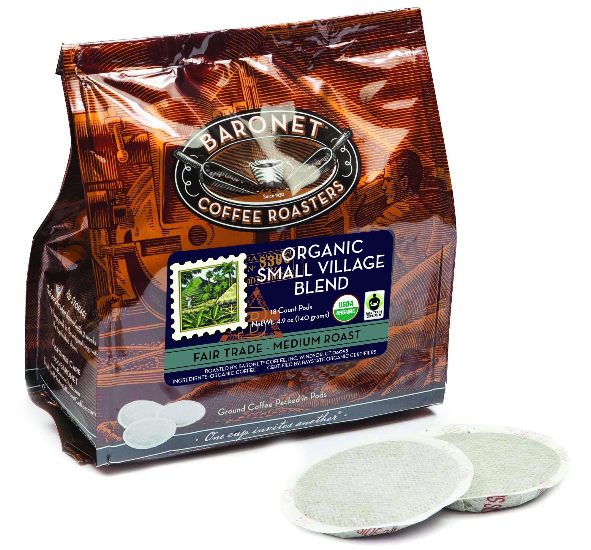 Baronet Coffee Pods [Organic Small Village-54 Pods] Single Cup Use Like Senseo - 3 Bags of 18 Single Serve 8 Gram, Regular Strength, Medium Roast