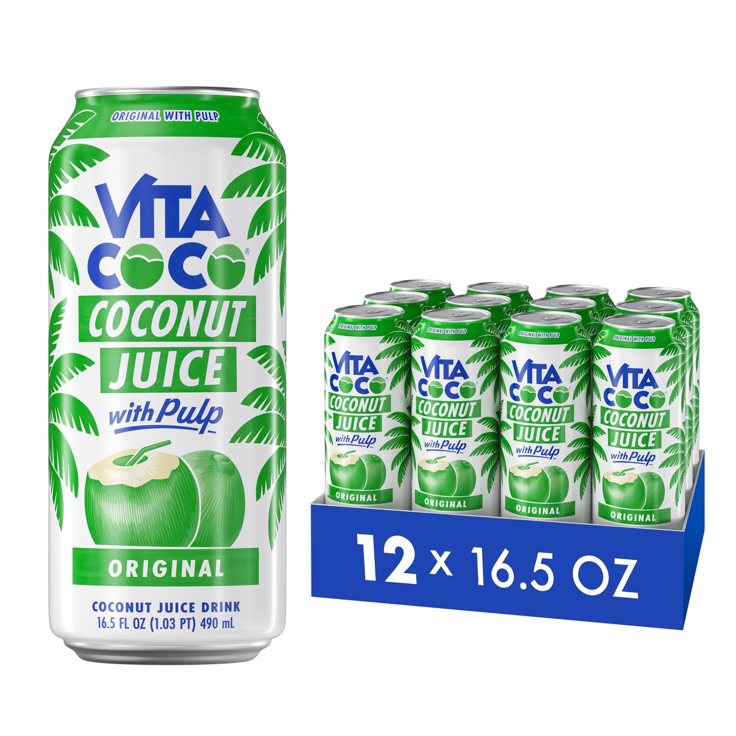 Vita Coco Coconut Juice, Original with Pulp | Big, Bold Coconut Taste | Sweet, Refreshing Hydration for Meals | 16.9 oz can (Pack of 12)
