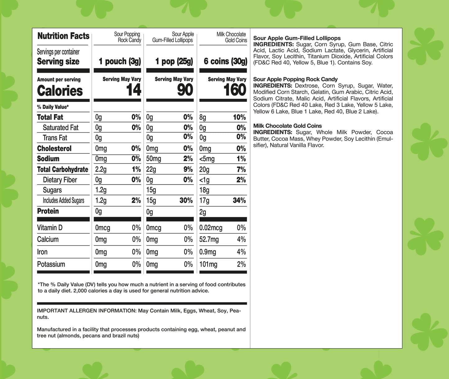 St Patrick's Day Candy Assortment - 3 Pound Bulk Pack - Milk Chocolate Gold Coins, Sour Apple Popping Rocks and Gum Filled Lollipops - Individually