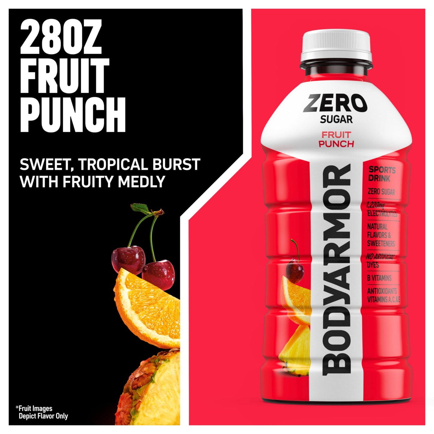 BODYARMOR ZERO Sugar Fruit Punch Electrolyte Drink, Natural Flavors, 28 Fl Oz Bottles (15 Pack), B Vitamins & Antioxidants Sugar Free Hydration