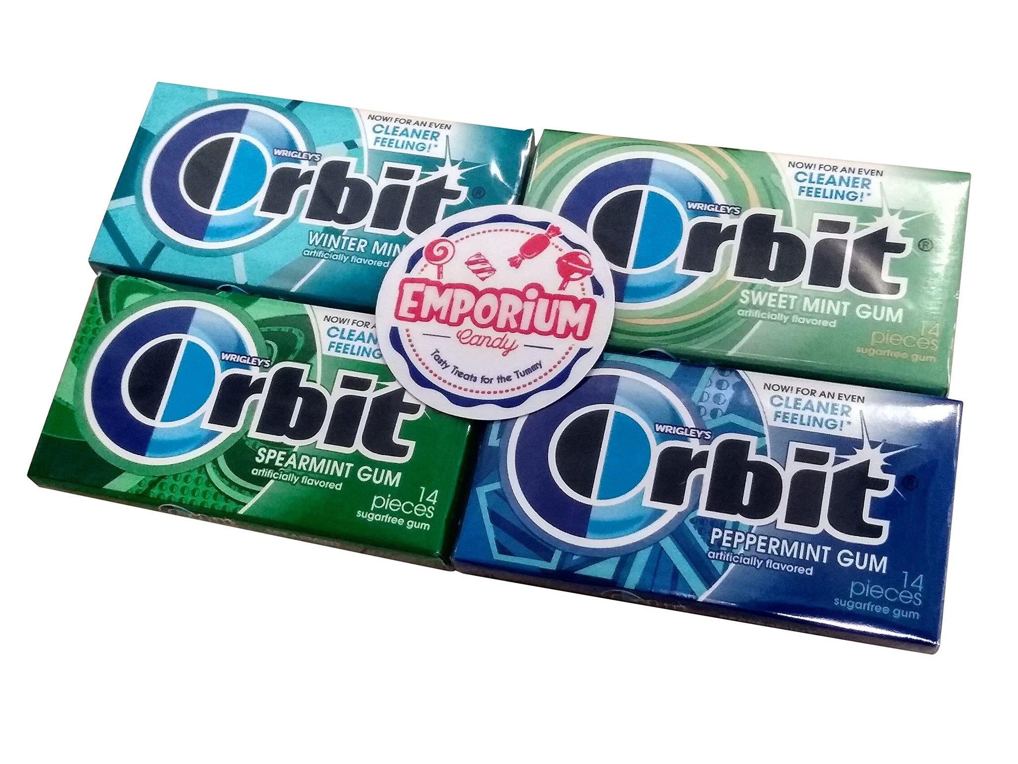 EMPORIUM CANDY TASTY TREATS FOR THE TUMMY Orbit Gum Assortment - 1 Pack Each of Peppermint Spearmint Sweetmint Wintermint - 14 Pieces per Pack, Blue