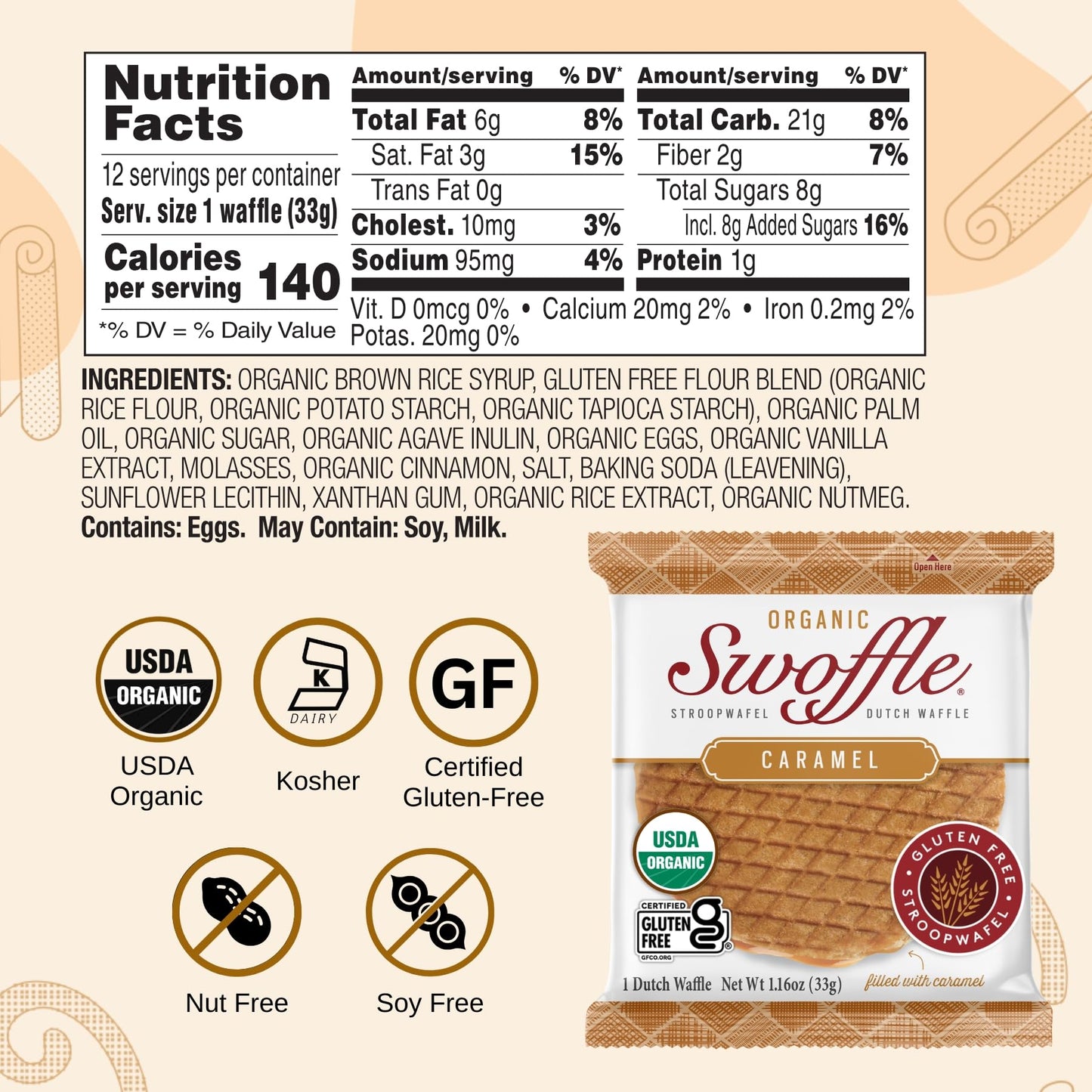Gluten Free Certified Organic Stroopwafels by Swoffle - Caramel Filled | (12) 1.16oz Wafers | non-GMO, Wheat Free, Kosher, Soy Free, No Dairy, and Nut