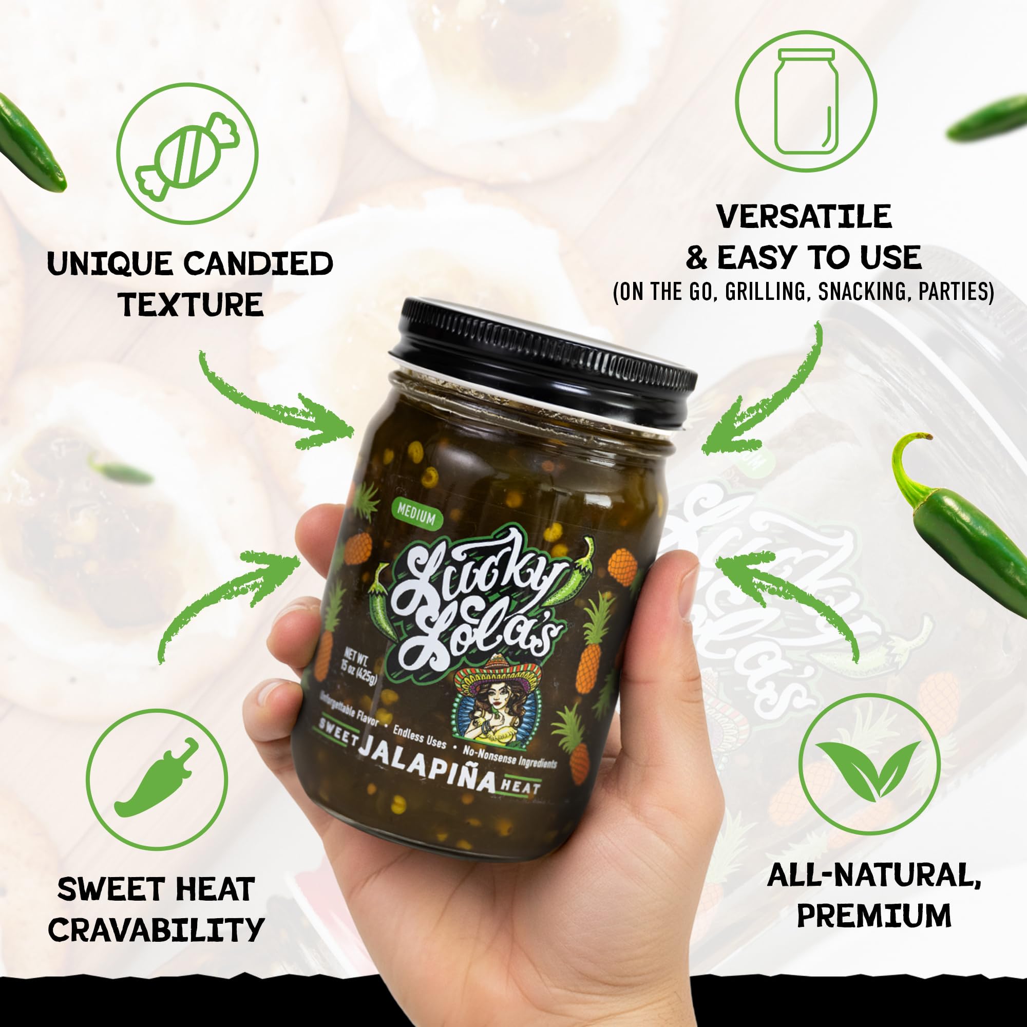 Lucky Lola's Sweet Jalapiña Heat, Jarred Jalapenos, 0g Sodium, 0g Fat, Single Jar 15 oz
