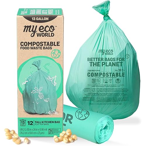 MyEcoWorld® Compostable Kitchen Waste Bags - 12 Count - 100% Certified Compostable - 13 Gallon - Super Strong - Leak Proof - Unscented - Easy to Open