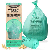 MyEcoWorld® Compostable Kitchen Waste Bags - 12 Count - 100% Certified Compostable - 13 Gallon - Super Strong - Leak Proof - Unscented - Easy to Open