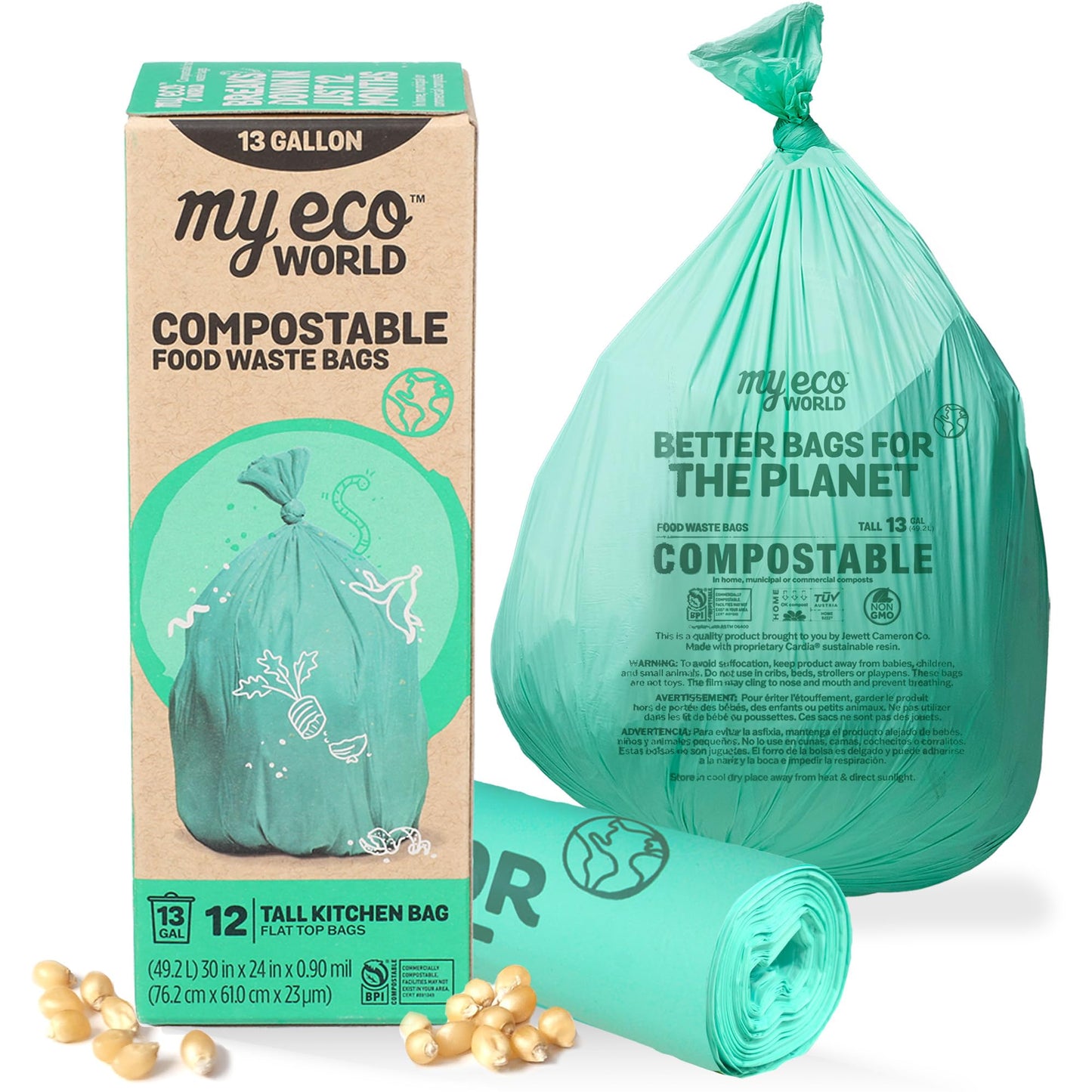 MyEcoWorld® Compostable Kitchen Waste Bags - 12 Count - 100% Certified Compostable - 13 Gallon - Super Strong - Leak Proof - Unscented - Easy to Open