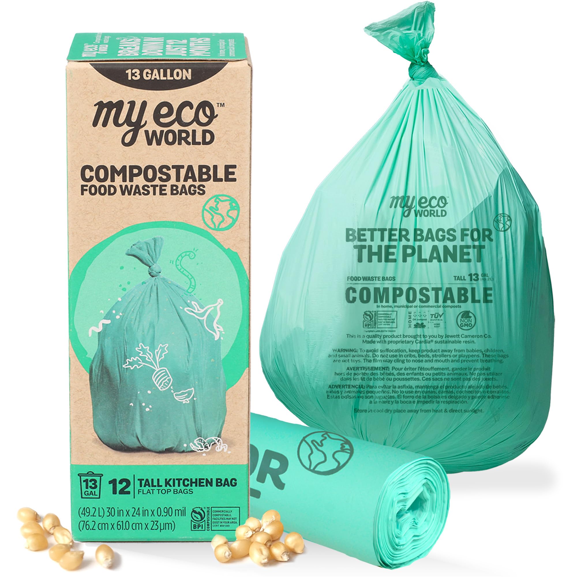 MyEcoWorld® Compostable Kitchen Waste Bags - 12 Count - 100% Certified Compostable - 13 Gallon - Super Strong - Leak Proof - Unscented - Easy to Open