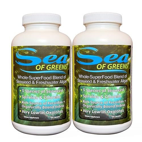 Sea of Greens - Organic Seaweed & Algae Superfood Blend - Spirulina, Chlorella, Bladderwrack, Wakame - Natural Iodine & Fucoidan - Oxalate-Free - 180