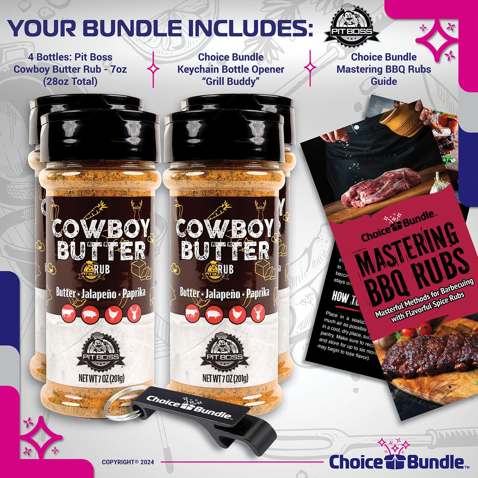 Pit Boss Cowboy Butter Premium Barbecue Mixed Seasoning Spice & Rub 4 pk Choice Bundle (28 oz) + Guide & Keychain Bottle Opener (6 Items)!