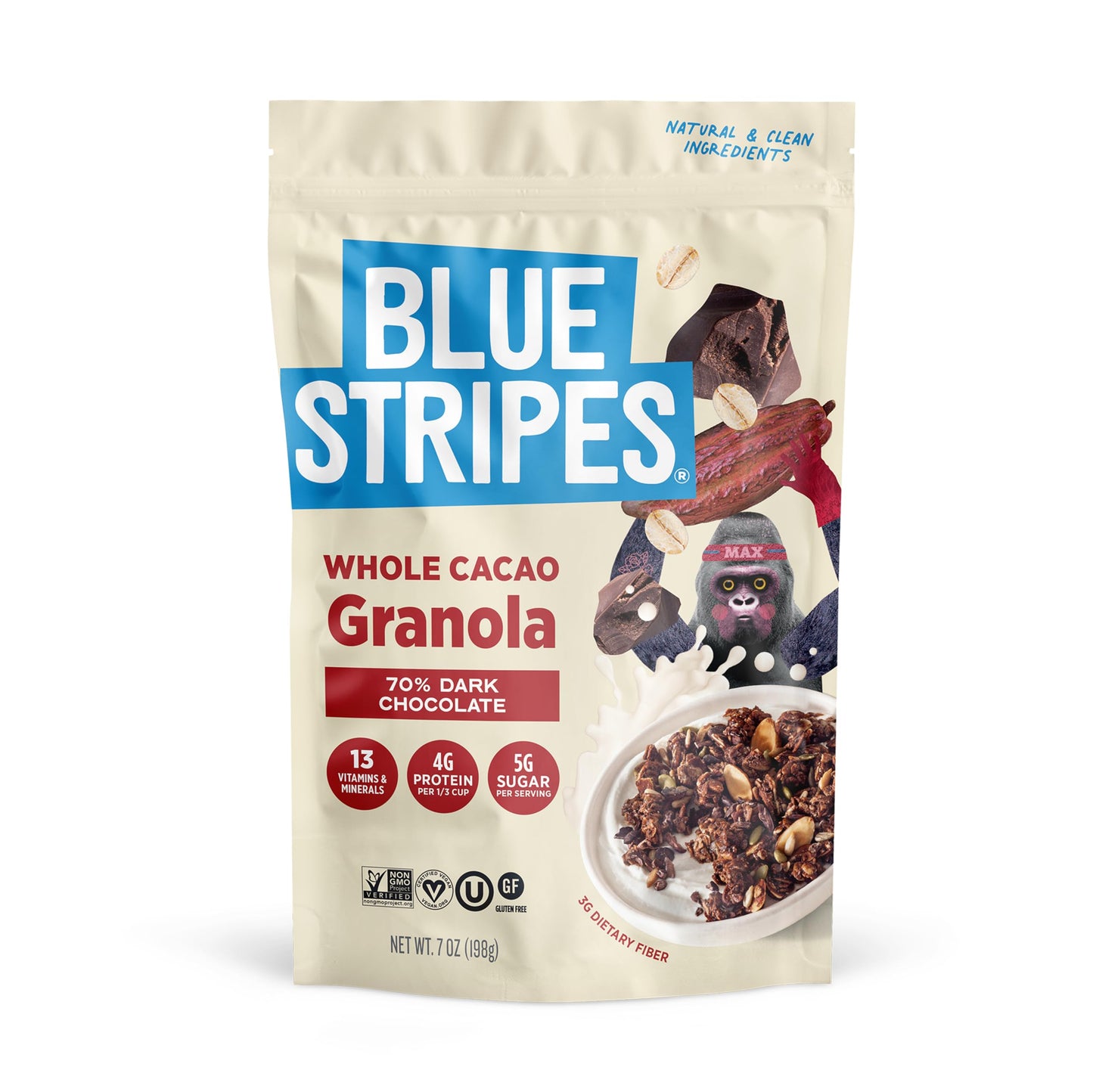 Blue Stripes Whole Cacao Granola - Gluten Free 70% Dark Chocolate Granola for Cereal, Oatmeal, Yogurt, 5g Protein Per Serving, Source of Fiber, Vegan