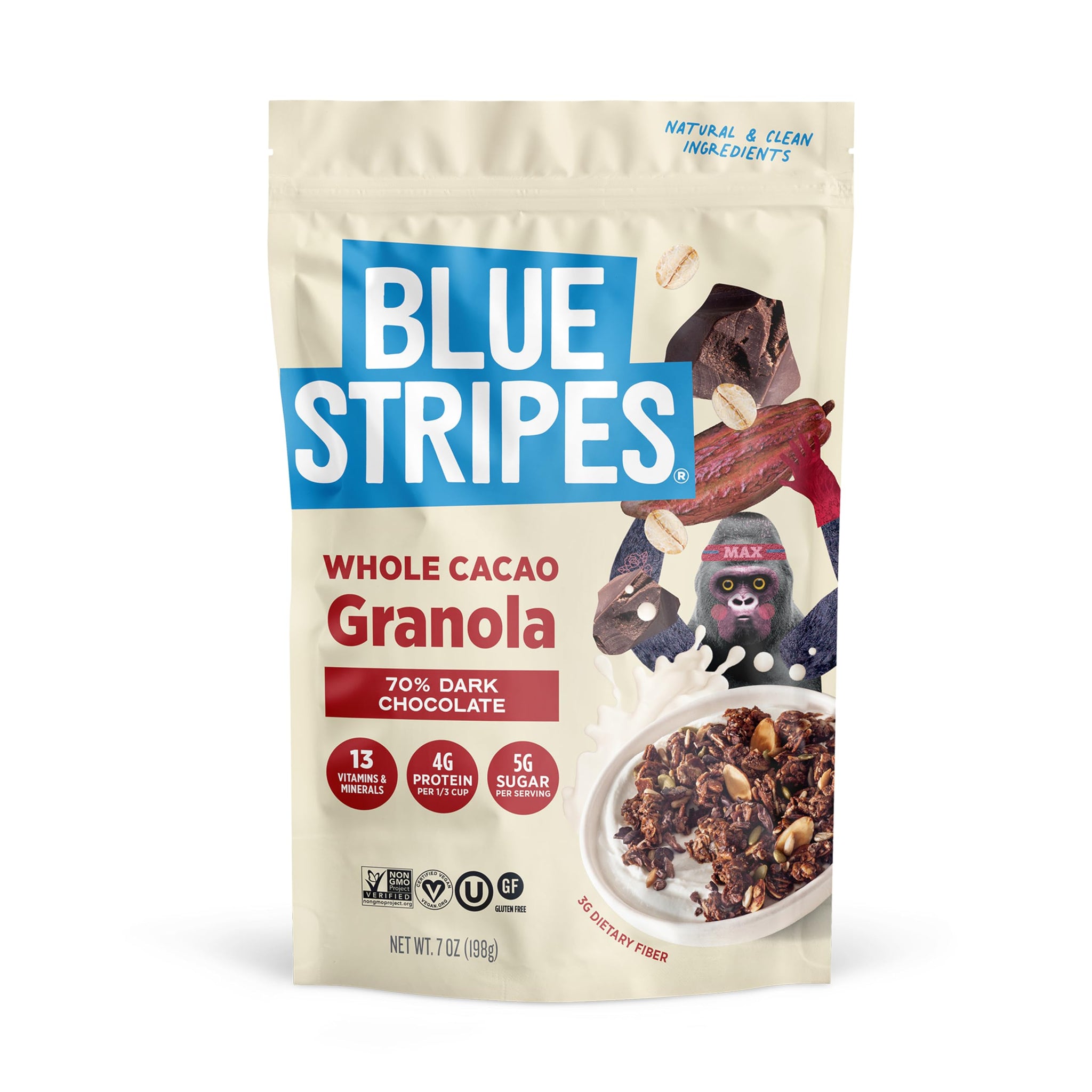 Blue Stripes Whole Cacao Granola - Gluten Free 70% Dark Chocolate Granola for Cereal, Oatmeal, Yogurt, 5g Protein Per Serving, Source of Fiber, Vegan