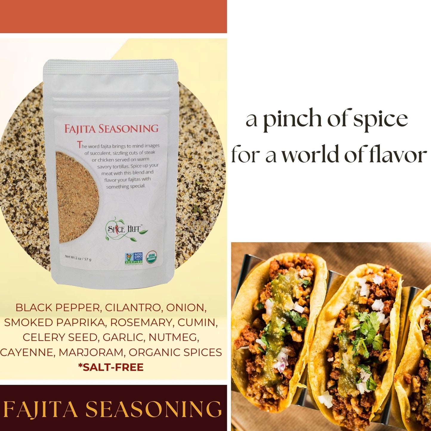 Fajita Seasoning, Organic, Latin American / Mexican cooking, The Spice Hut, 16 ounce