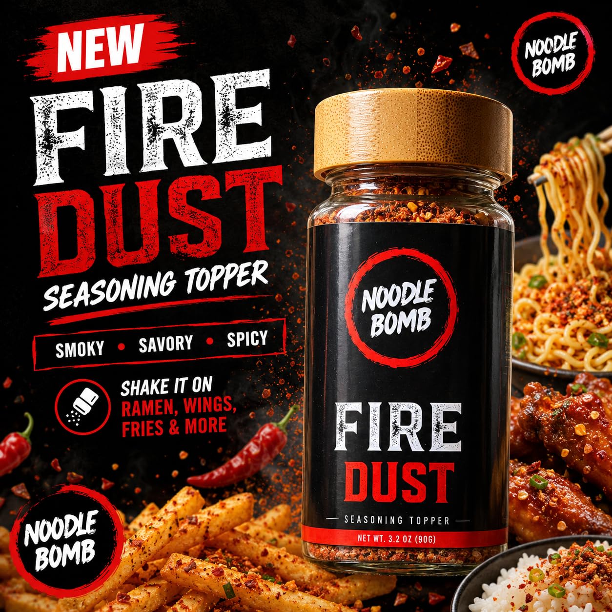 NoodleBomb Fire Dust Chili Sesame Seasoning Blend - Smoky Savory Heat - 3.2 oz Shaker