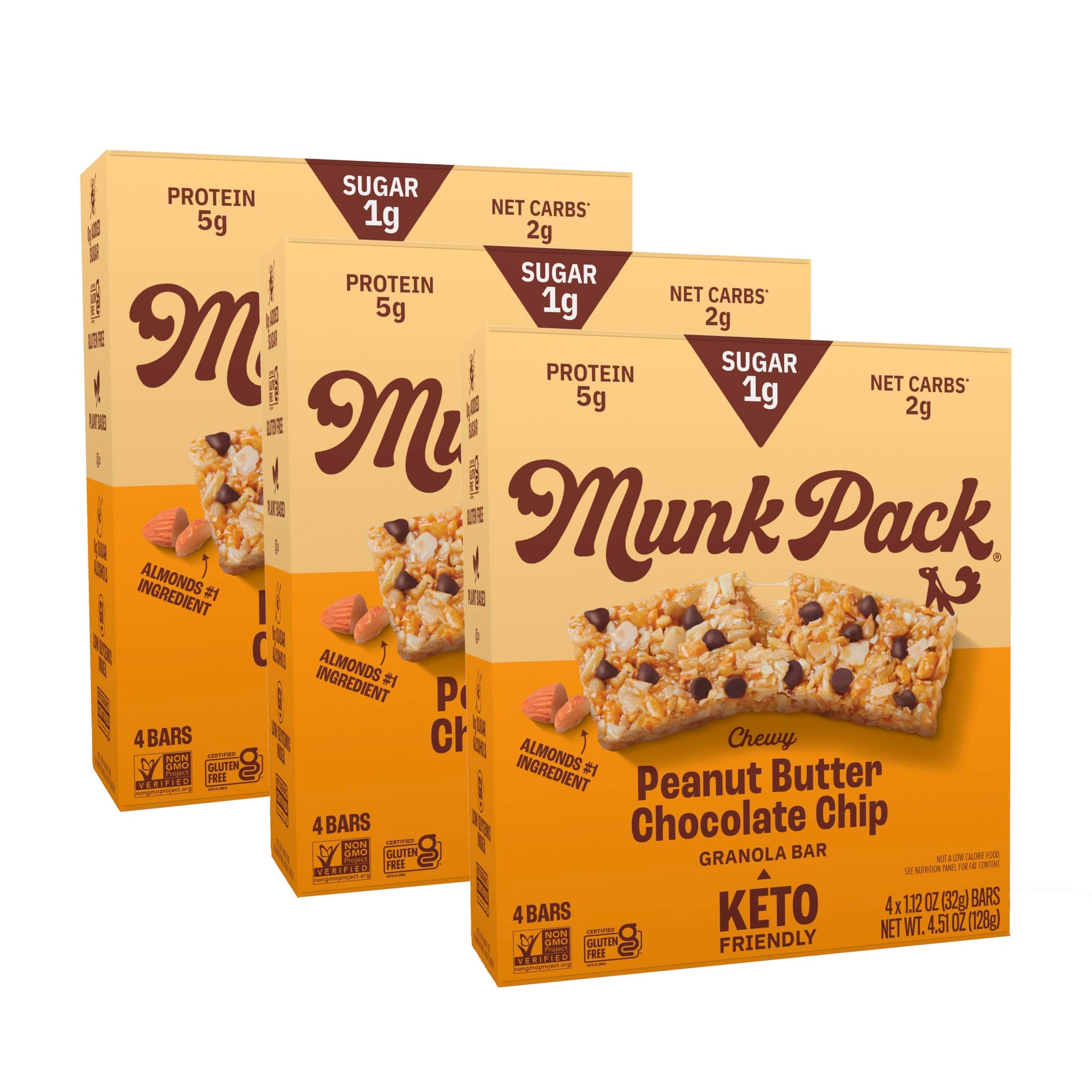 Munk Pack Peanut Butter Chocolate Chip Chewy Granola Bars | 5g Protein, 1g Sugar with Allulose, 2g Net Carbs, Low Sugar, Gluten Free, Low Glycemic