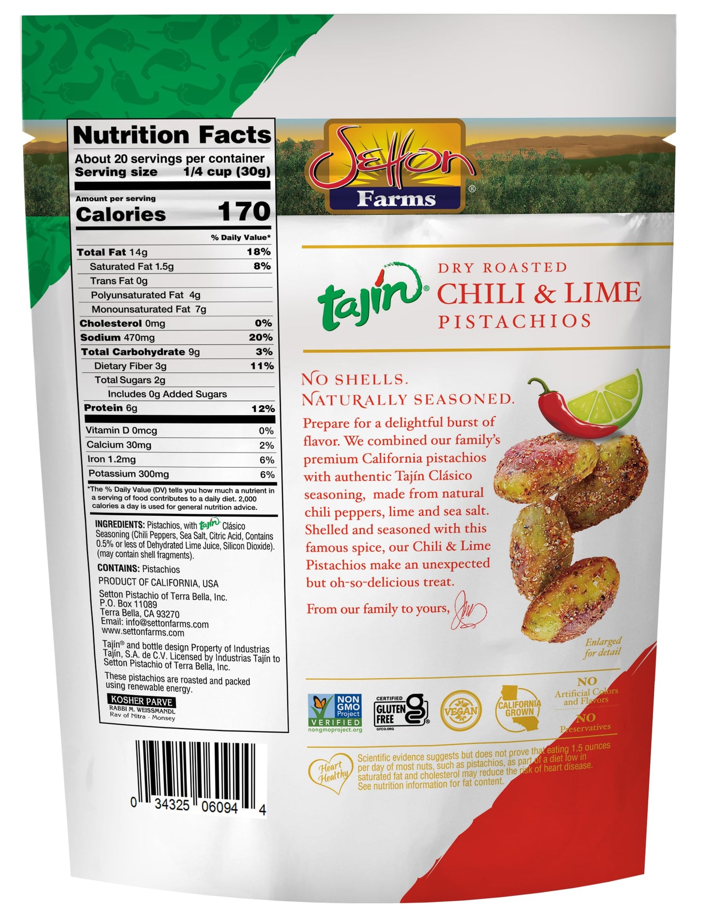 Pistachios Tajin Clasico Chile Lime Seasoned | No Shells | Chili Lime | Non-GMO Project Verified | Gluten Free | Vegan | Kosher | Value Size 20 Oz.