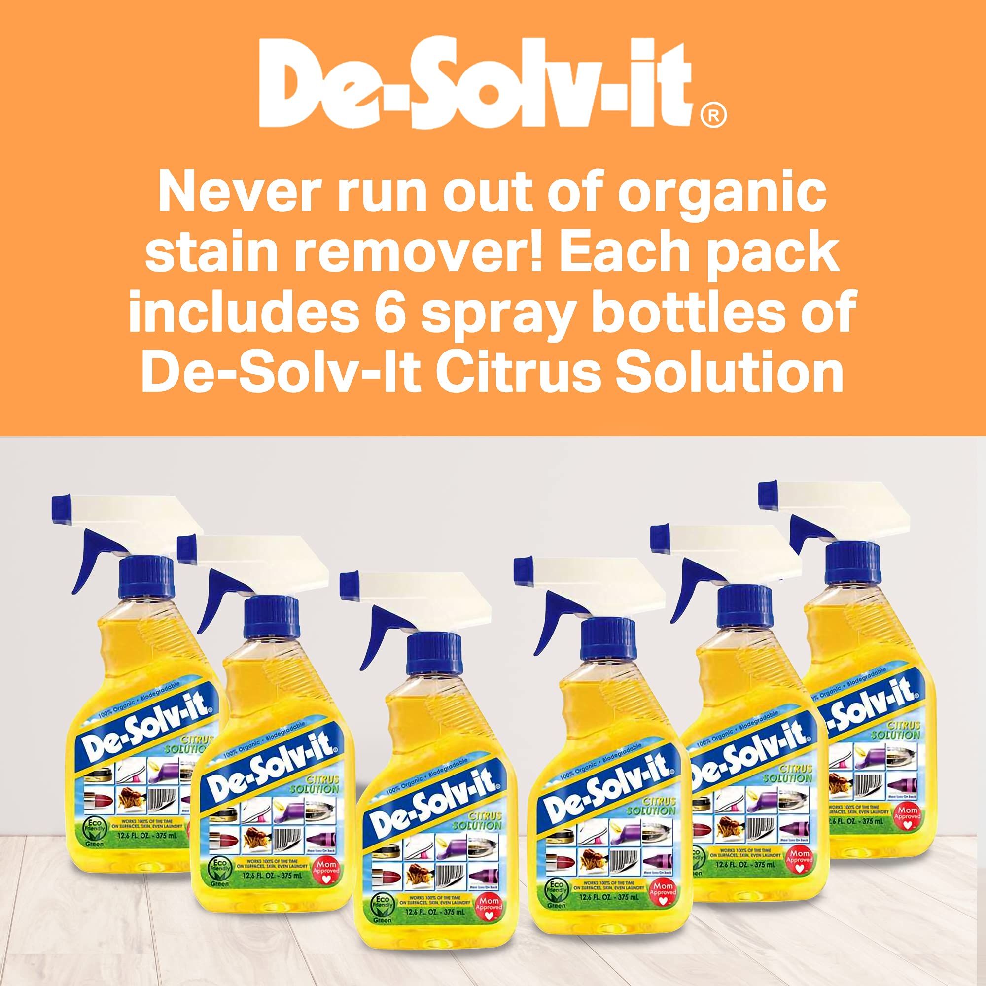 De-Solv-It Citrus Solution - Odor & Stain Remover for Cloth, Wood, Glass & More, 12.6-Ounce (6-Pack)