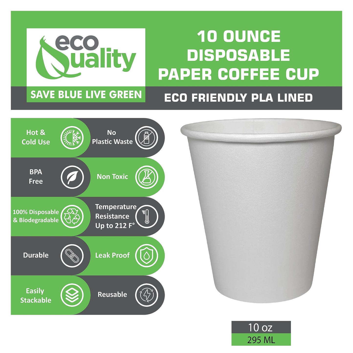 EcoQuality 2 Pack of 500 ct - White Hot Drink Paper Cups 10 oz Disposable Coffee Cups, Recyclable, Compostable, Great for Office, Breakrooms