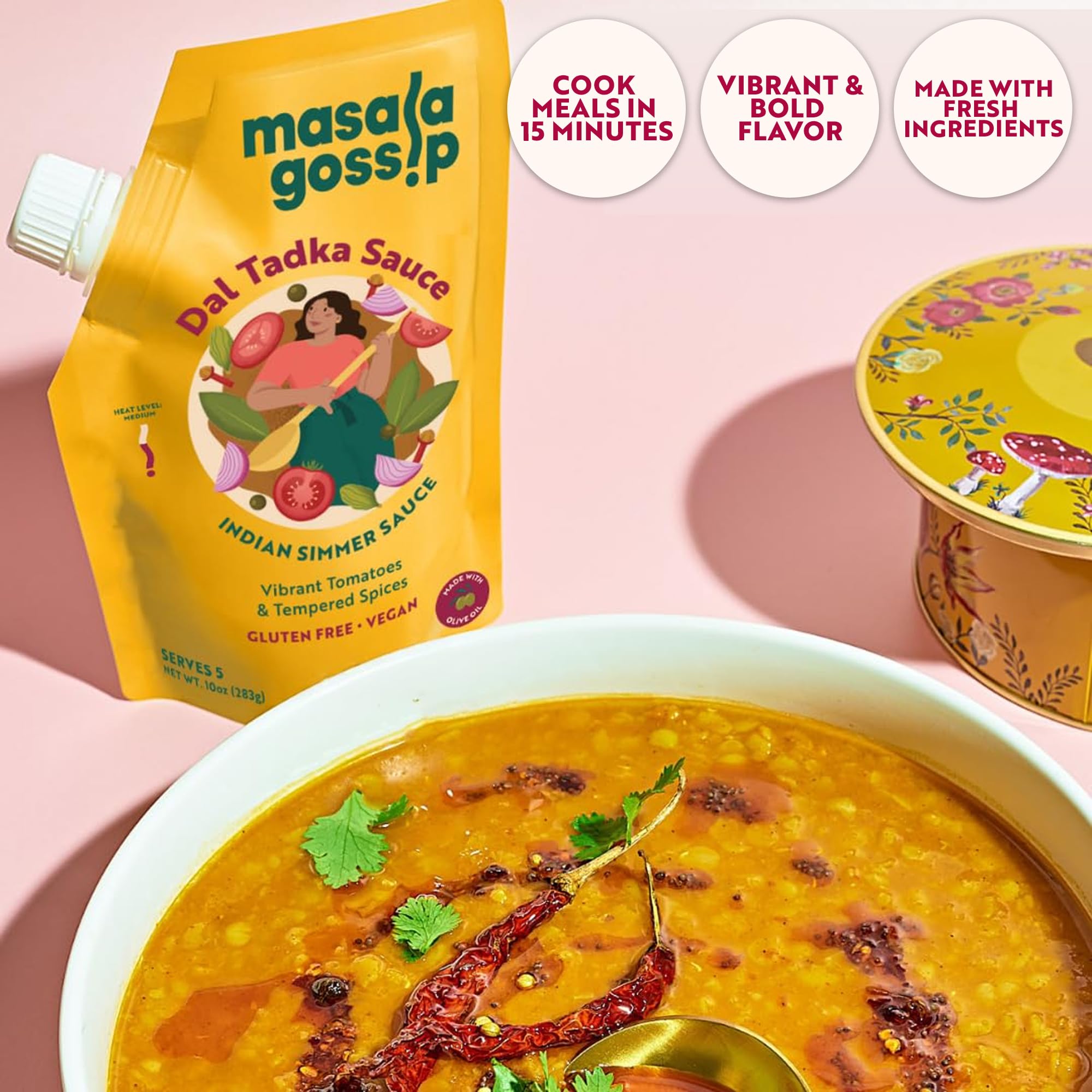 Masala Gossip Dal Tadka Simmer Sauce 10 oz - Authentic Indian Curry Sauce - Plant-Based, Gluten-Free, Seed Oil Free, No Artificial Preservatives - 10