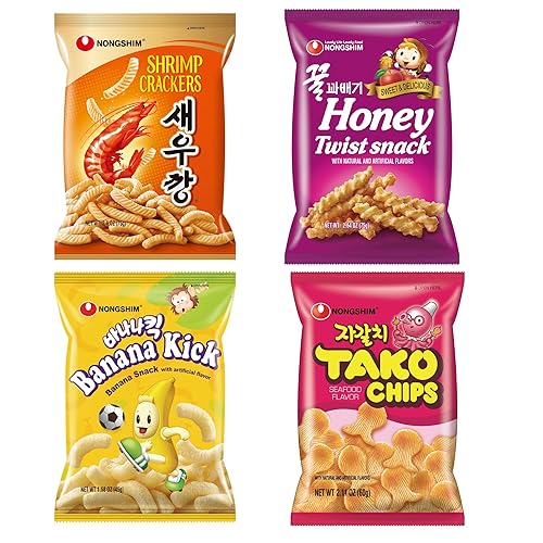 Nongshim Korean Variety Snack Pack, Original Shrimp Crackers, Honey Twist Snack, Banana Kick, Tako Chips, Variety Pack, Snacks for Kids, Sport Event