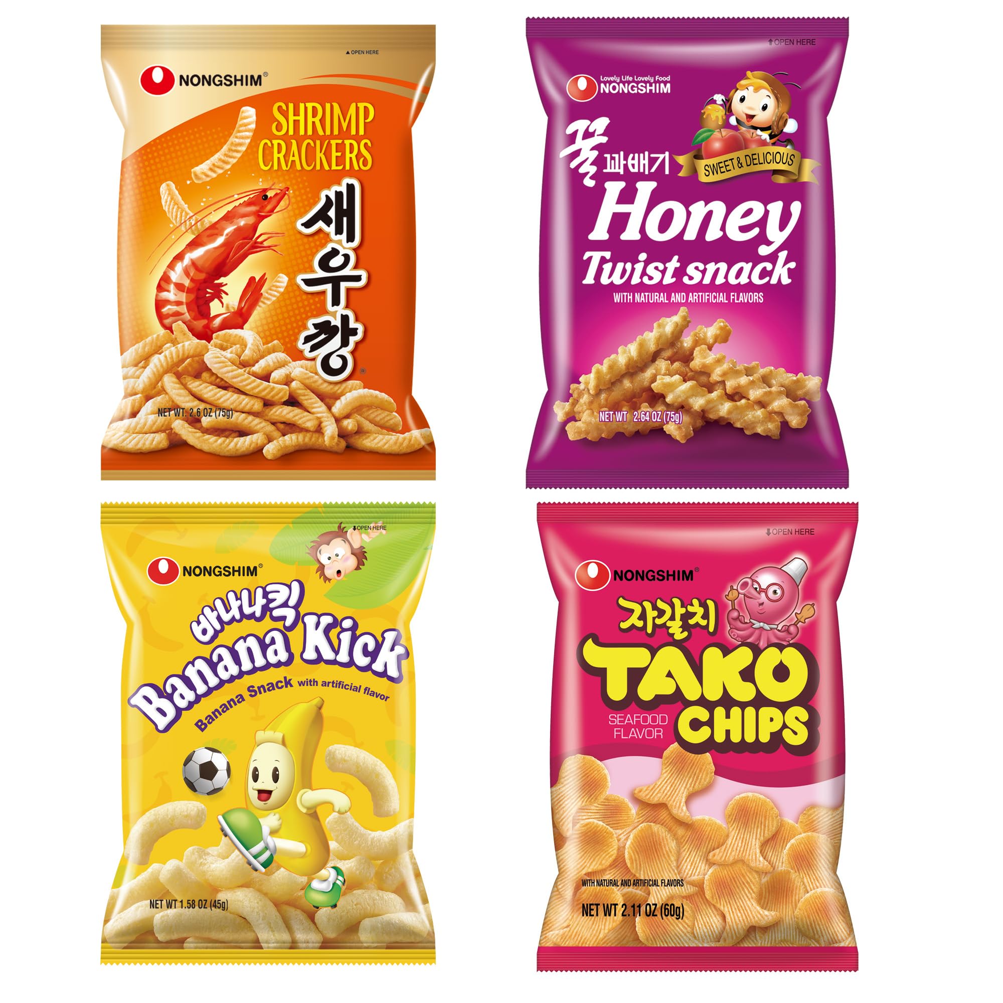 Nongshim Korean Variety Snack Pack, Original Shrimp Crackers, Honey Twist Snack, Banana Kick, Tako Chips, Variety Pack, Snacks for Kids, Sport Event