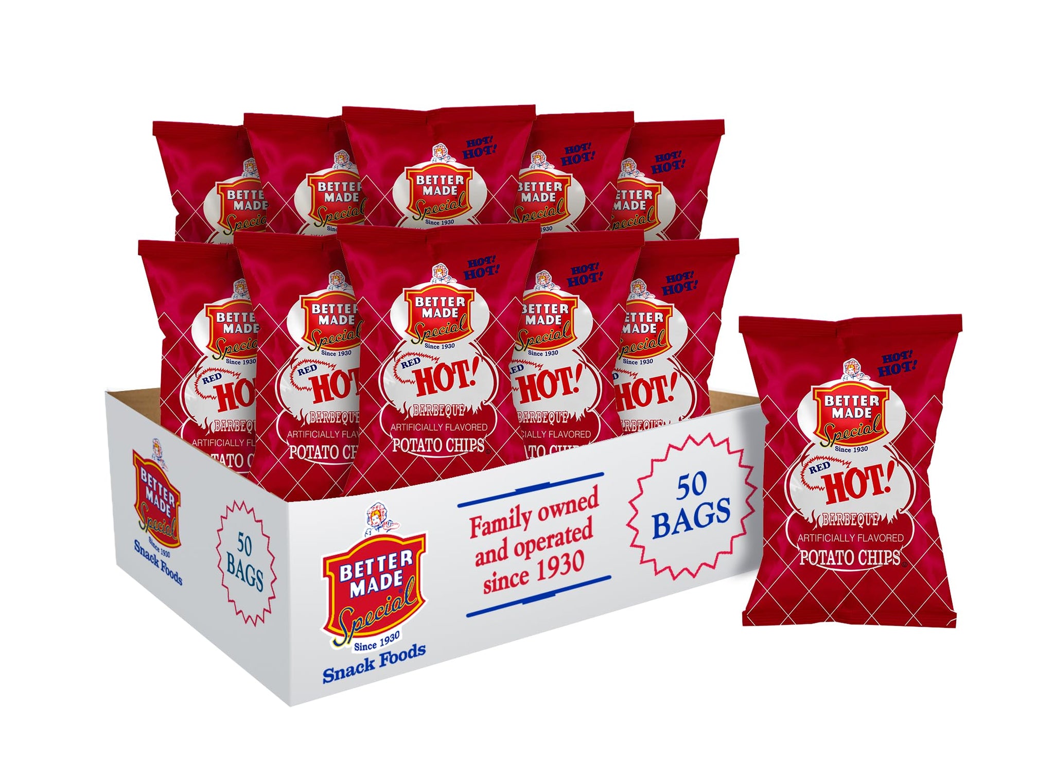 Better Made BBQ Barbecue Potato Chips - Sweet, Red Hot, Honey, Sweet Heat - Snacks - Family Owned Since & Operated (RED HOT, 50 PACK 1OZ) - Snacks