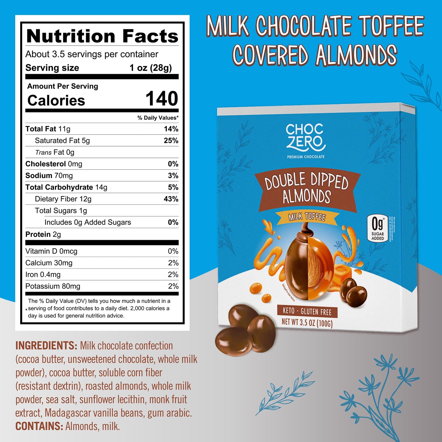 ChocZero Milk Chocolate Toffee Almonds - Roasted Nuts Covered in Sugar-Free Brittle, No Sugar Added, Keto Friendly, High Fiber, Low Sugar Snack