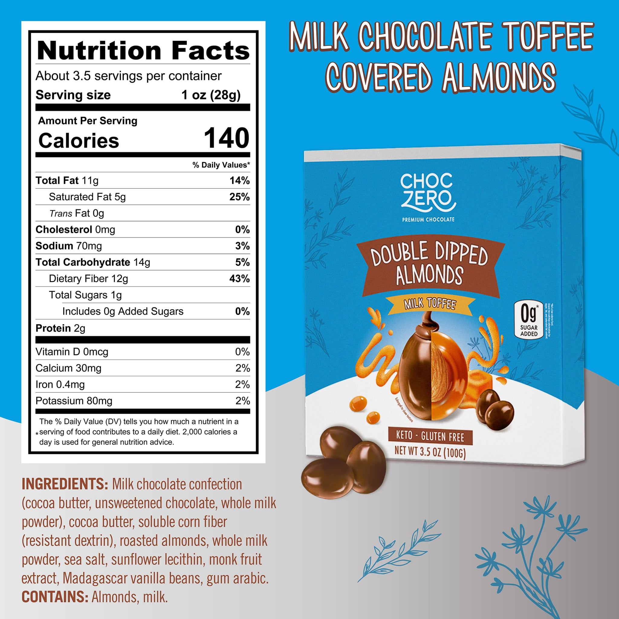 ChocZero Milk Chocolate Toffee Almonds - Roasted Nuts Covered in Sugar-Free Brittle, No Sugar Added, Keto Friendly, High Fiber, Low Sugar Snack