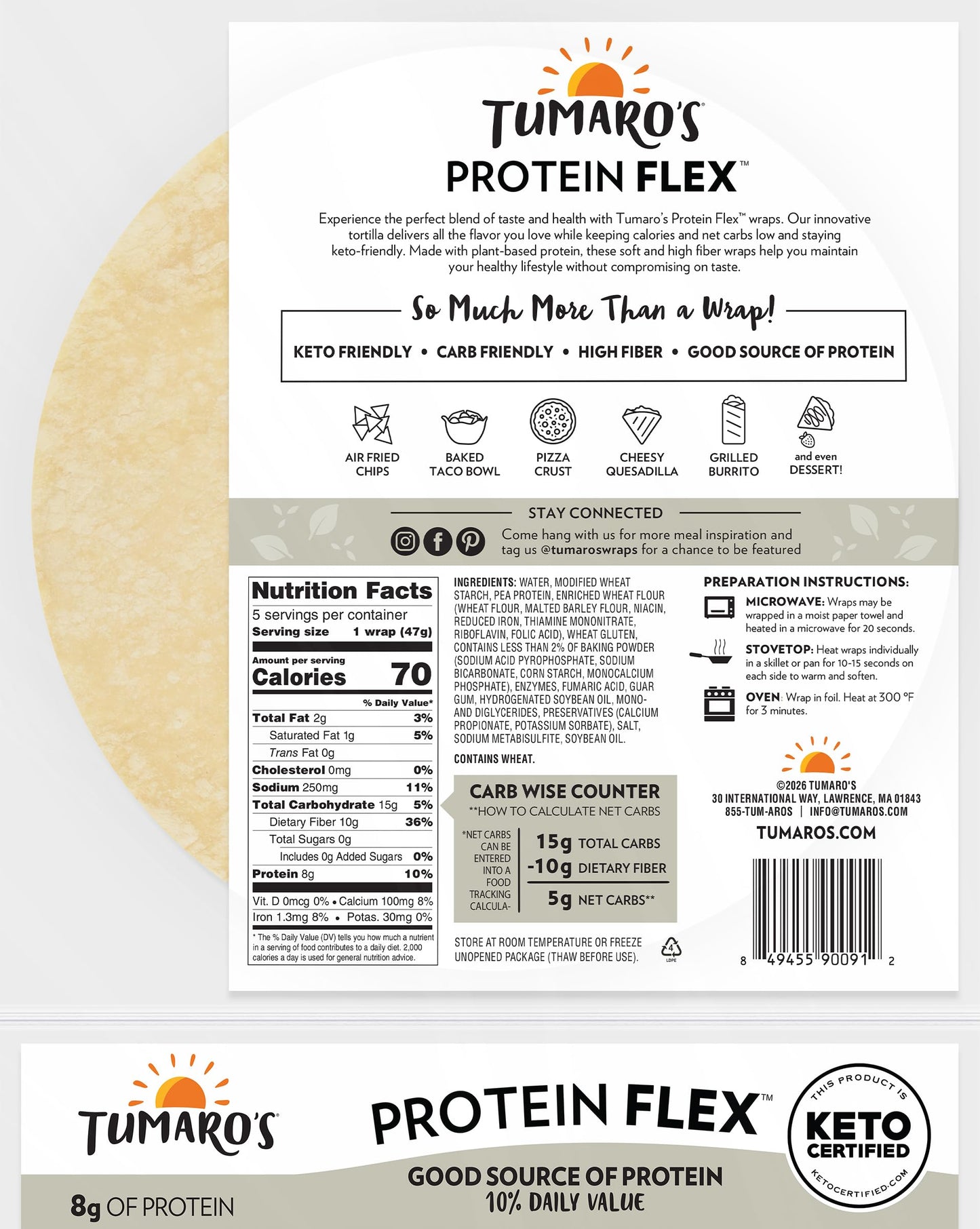 Tumaro's Protein Flex Wraps - Low Carb - Keto Certified Sandwich & Burrito Tortillas - Healthy Vegan Alternative - 5 Count (Pack of 6)