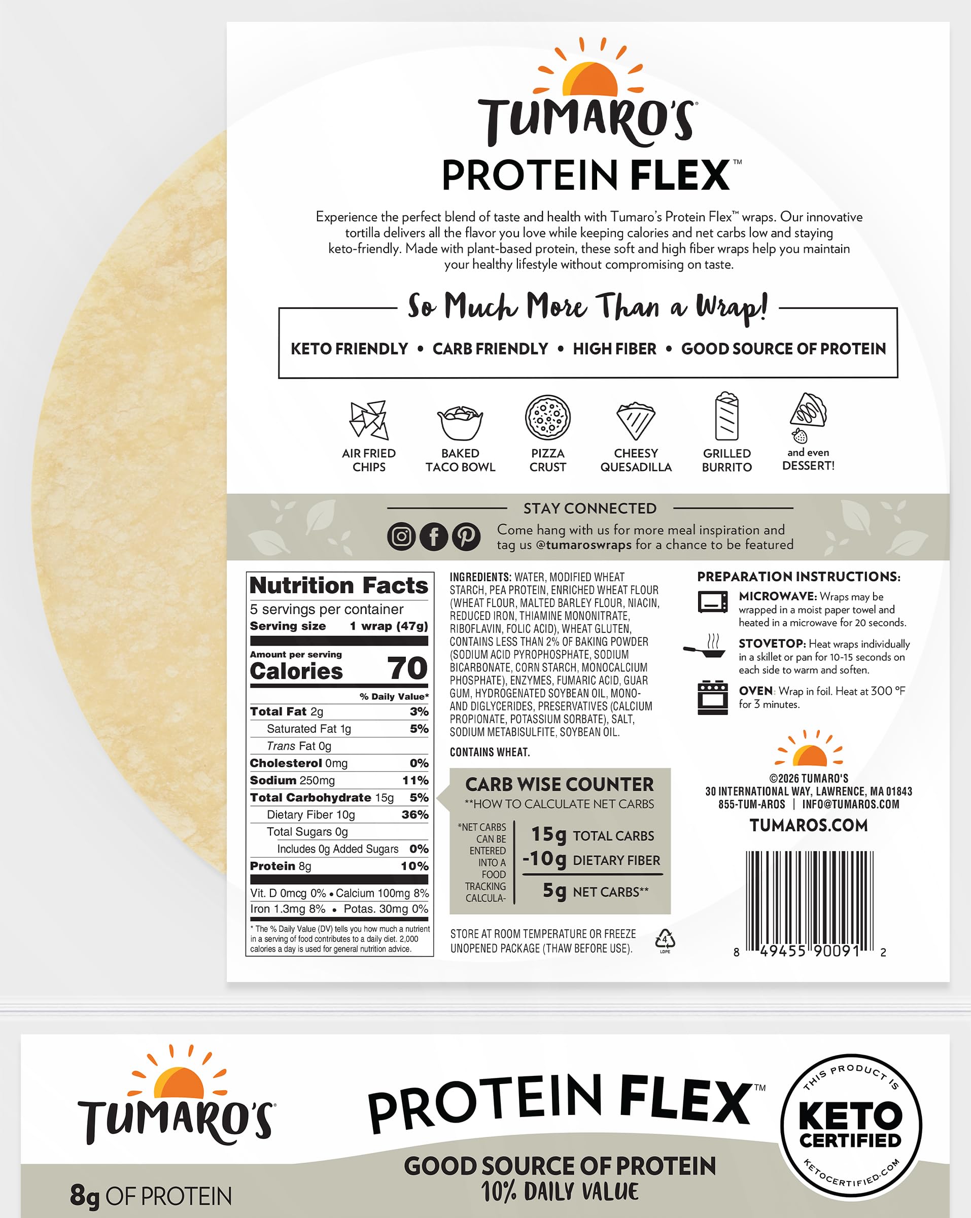 Tumaro's Protein Flex Wraps - Low Carb - Keto Certified Sandwich & Burrito Tortillas - Healthy Vegan Alternative - 5 Count (Pack of 6)
