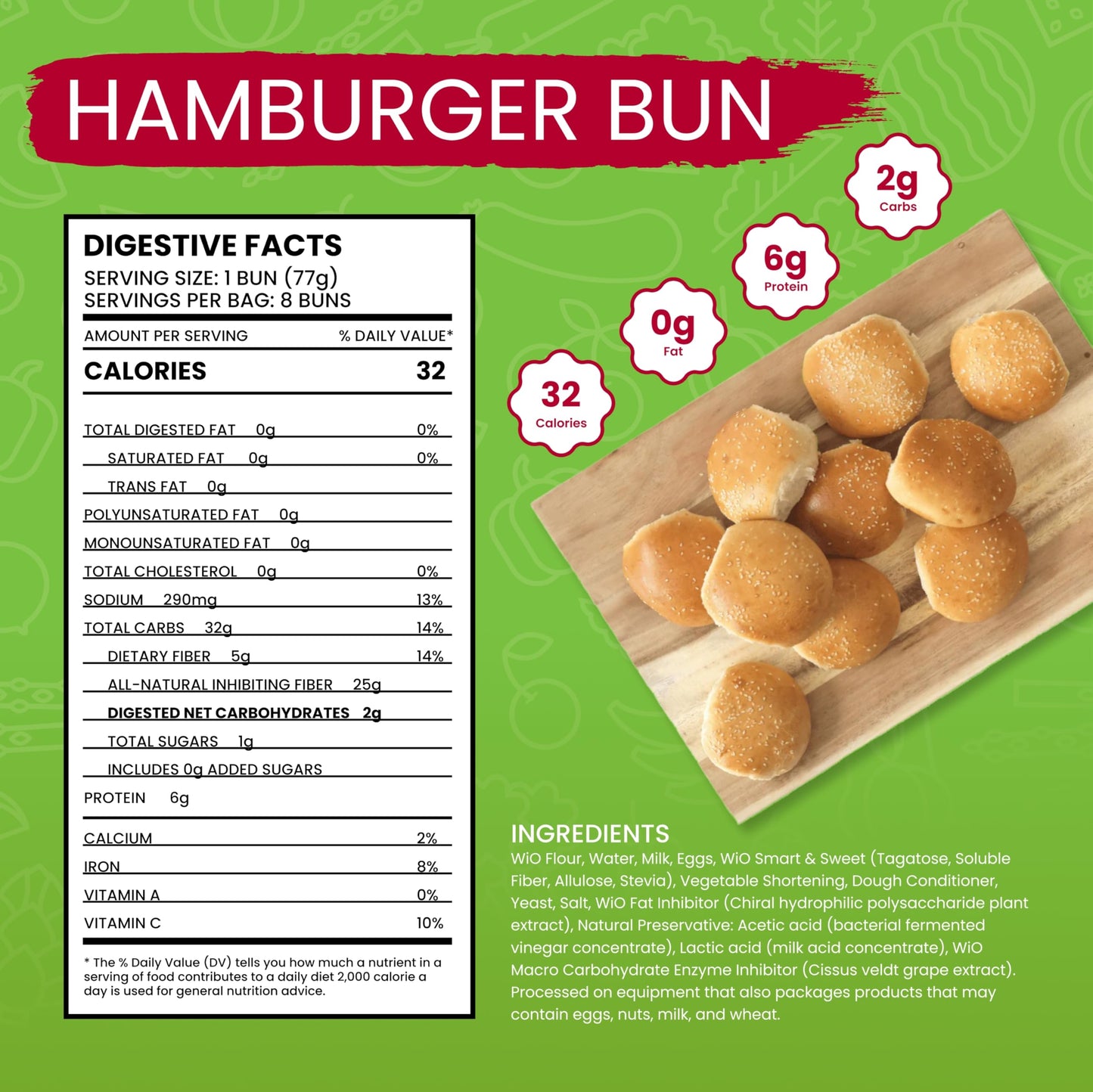 WiO SmartFoods™ Hamburger Buns, 16-Count Low-Carb, Fat-Free, Keto-Friendly, Fluffy & Delicious, All-Natural, Perfect for Burgers & Sandwiches, (2
