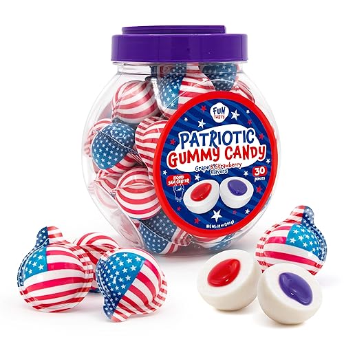 Patriotic Candy - Gummy Balls - 30 Count - 19 Oz Jar - 4th of July Candy Individually Wrapped - Red White and Blue Gummy Candies - Strawberry & Grape