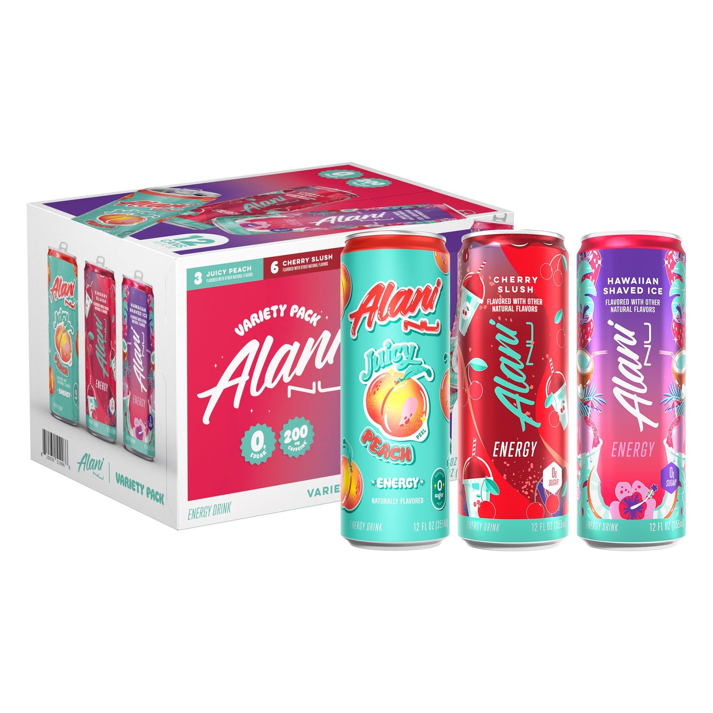 Alani Nu VARIETY PACK CHERRY SLUSH, JUICY PEACH, HAWAIIAN SHAVED ICE Sugar Free, Low Calorie Energy Drinks, 200mg Caffeine, Biotin B Vitamins, Zero