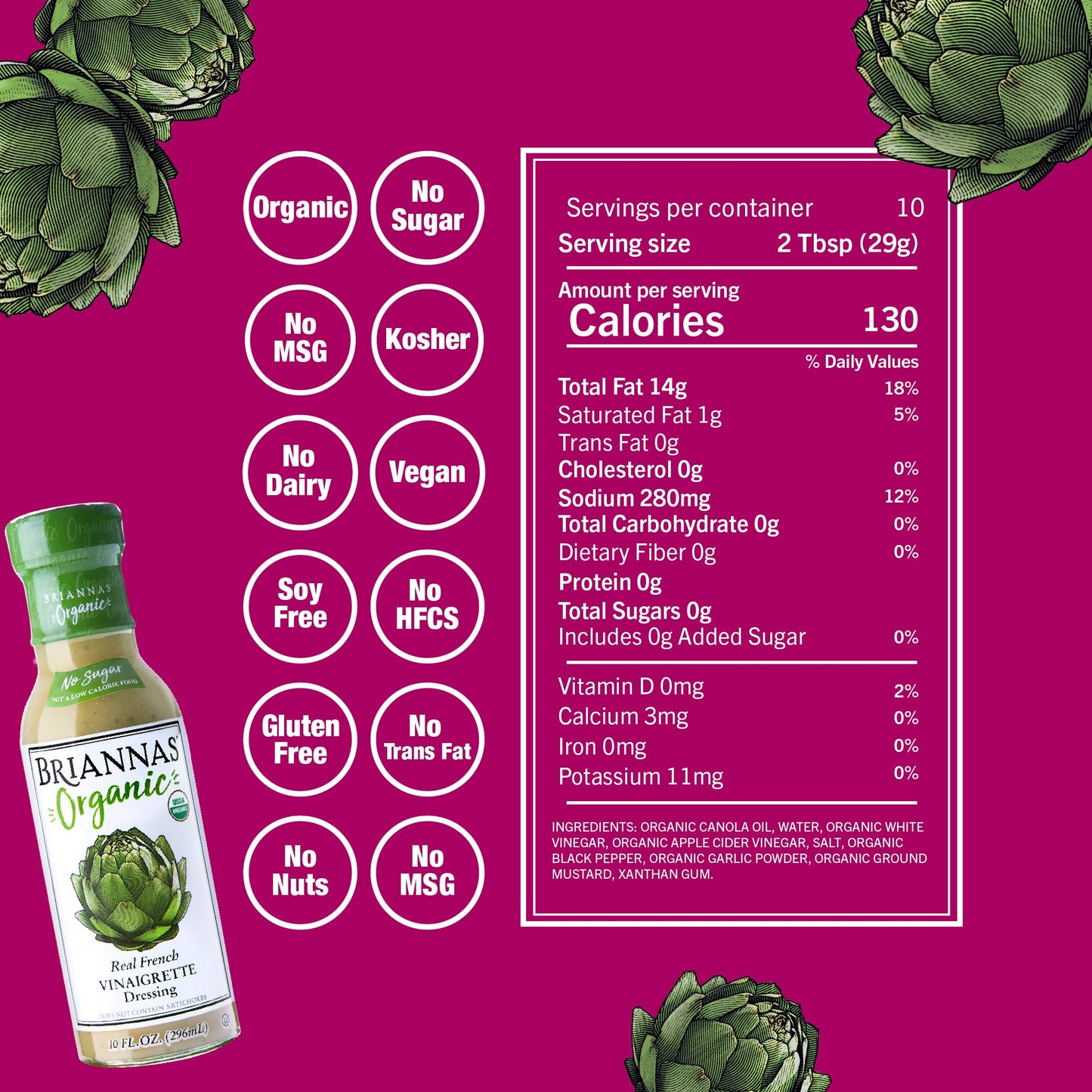 BRIANNAS - Organic Real French Vinaigrette Dressing - Certified Kosher & Organic Salad Dressing made with Premium Ingredients - Sugar-Free Dressing