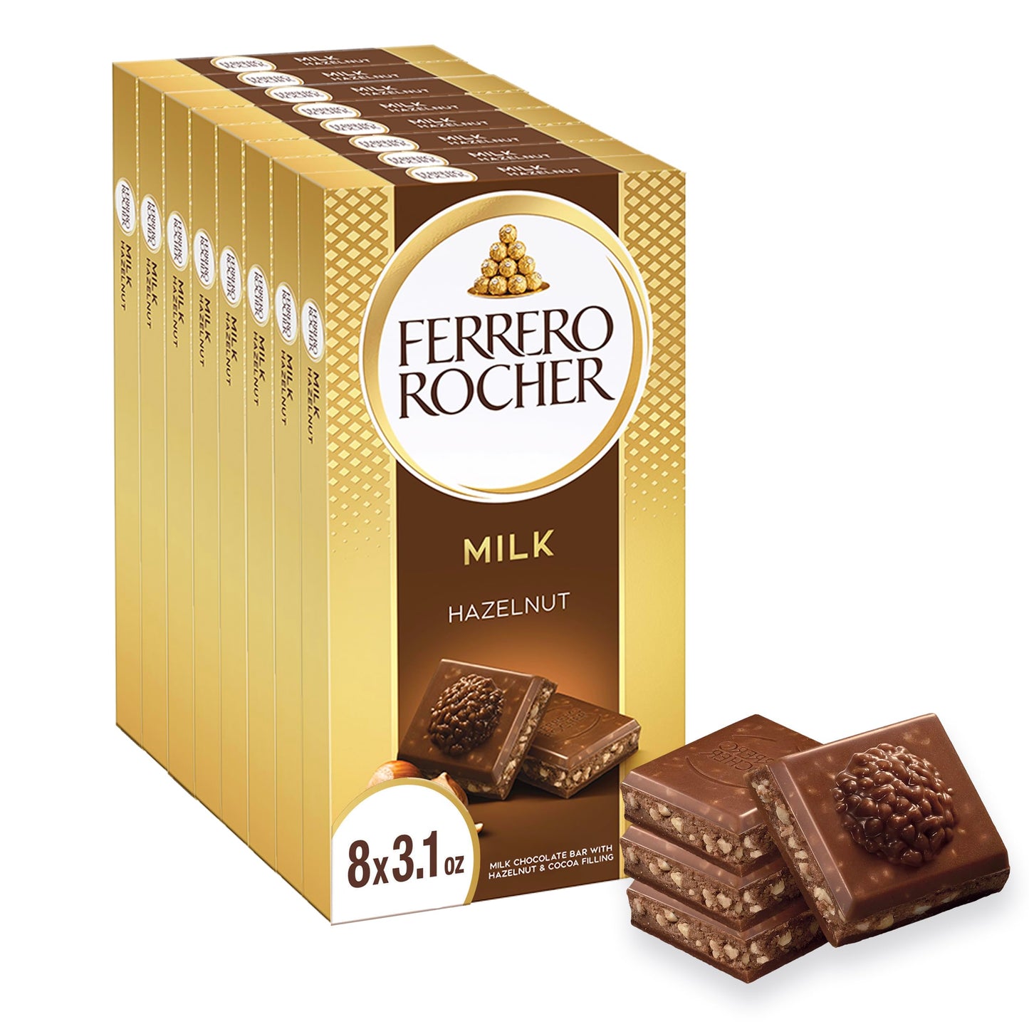 Ferrero Rocher premium chocolate bar, Milk Chocolate with Hazelnut Filling, Perfect Self Treat, 3.1 oz Each